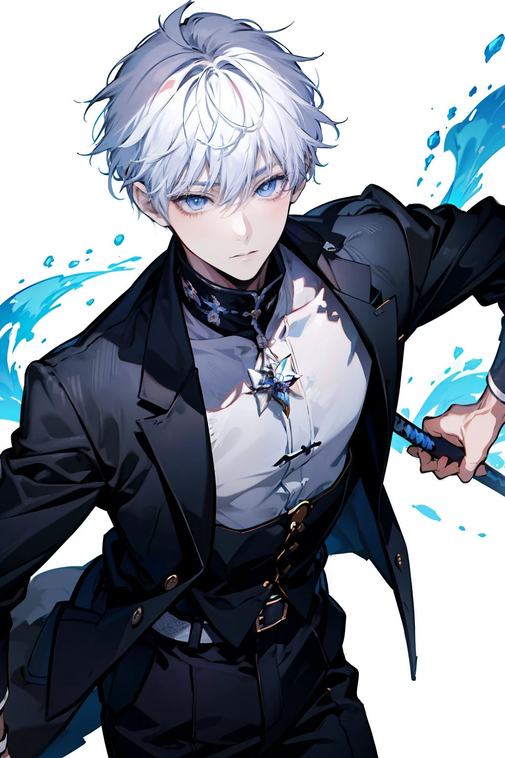 (absurderes, A high resolution, ultra - detailed, hdr), tmasterpiece, NSFW, Best quality, jujutsu kaisen, Satoru Gojo, Only 1 person in battle, goodlooking, short hair, whaite hair, ,White eyebrows,blue color eyes, Delicate eyes and delicate face, .Final Fantasy, Abs, badass posture, Anime boy with a sword in both hands, Anime pose fighting, Handsome anime, male anime character, Badass anime 8K, detailed anime character art, High density iconography review anime concept anime McManus, Anime boys, ikuto yamashita, Anime CG soft art