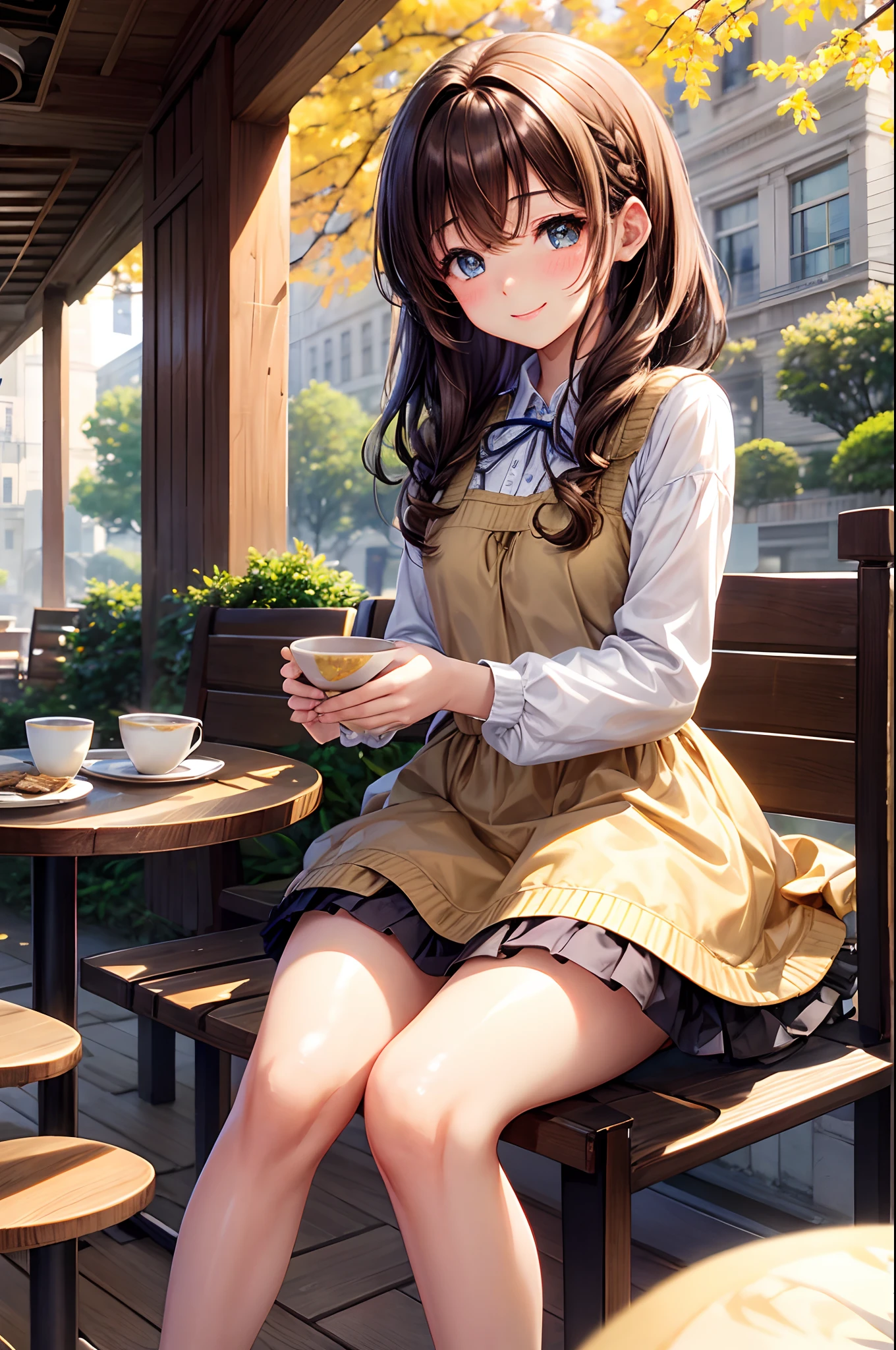 Best Quality、Shining crystal clear eyes、Light brown skin、Tea on the café terrace、Autumn clothes、Drawn up to the knee、、Bob Hair、age woman、Very cute、Close your eyes and smile、A smile、Brown hair、Schools、I want to blush、Peek、Colored leaves、Wink、twinkling、Kamimei、