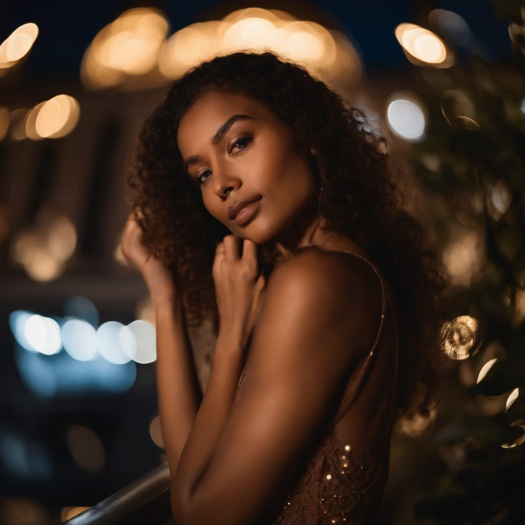 Photo Polaroid, Photo de nuit, Photo de 24 Y.O belle femme, Bare brown skin standing on a terrace of a Parisian building, Bokeh, Flou de mouvement