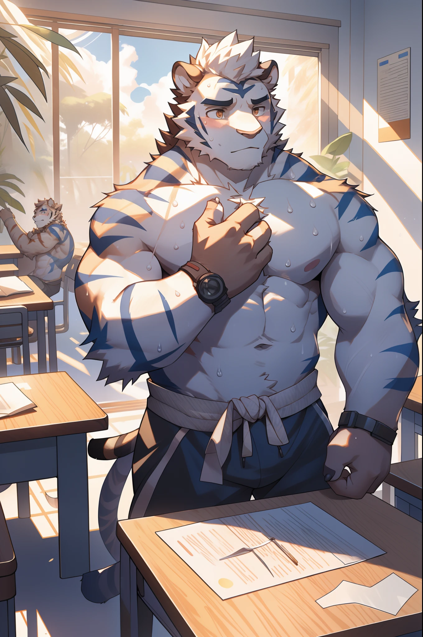 Tiger Orcs, White fur,Tall,Shirtless, athletic strong, sports student, sunny handsome, sweat leggs, Camera on white round table, Simple background, White wall, Dappled light, Natural light, Interior rendering, solo, West Jimmy, Clear detail, Realism, rendering, Nikon, C4D, 3DMAX, Redshift rendering, corona rendered, Bejas , hands crossed, Shy, estrus