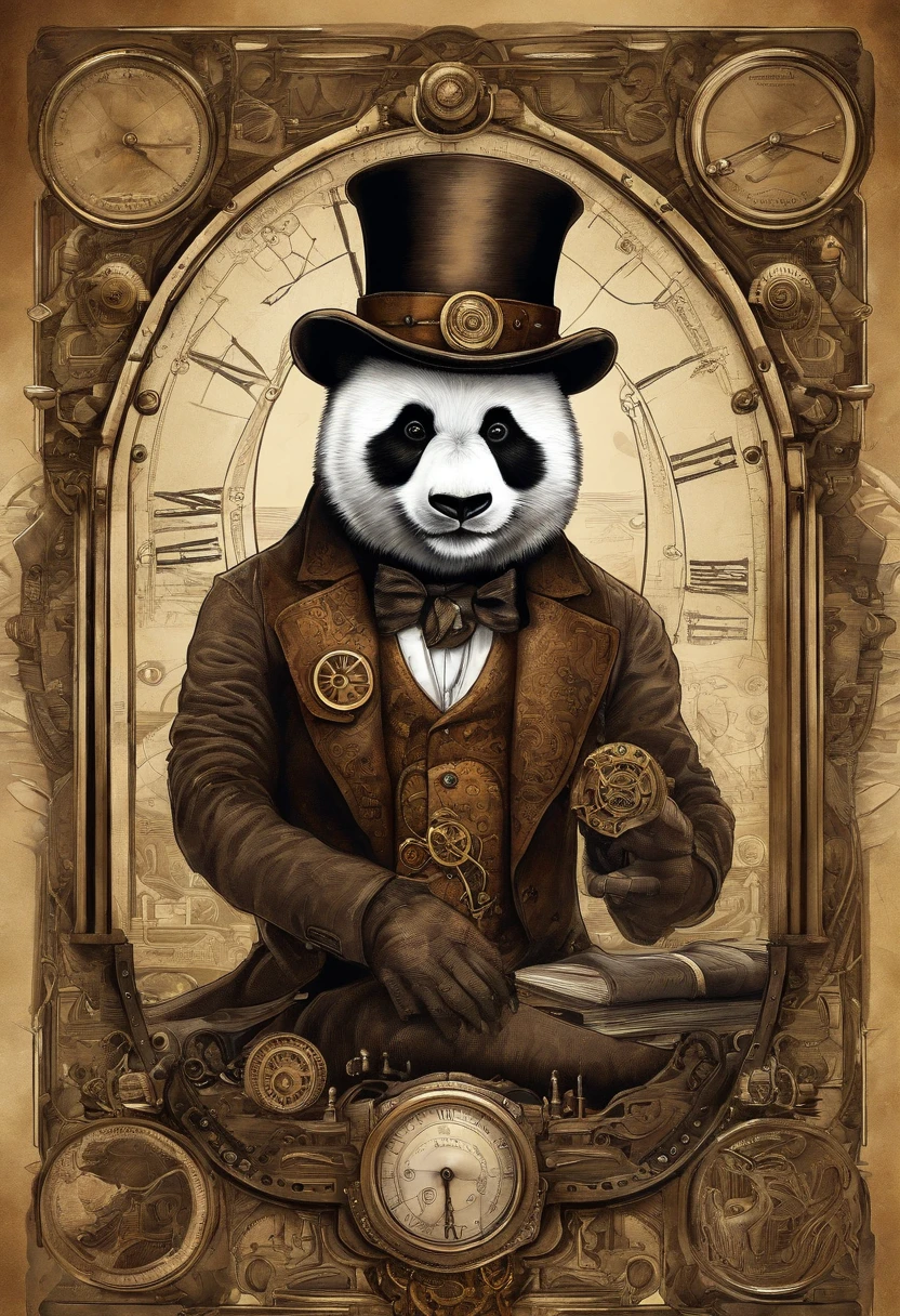 Steampunk, anthro panda, gentleman, top hat, goggles, skinny, working on computers
