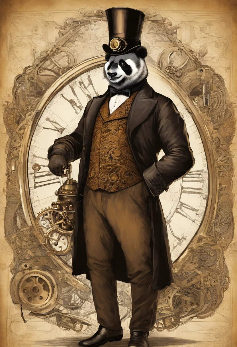 Steampunk, anthro panda, gentleman, top hat, goggles, skinny, working on computers