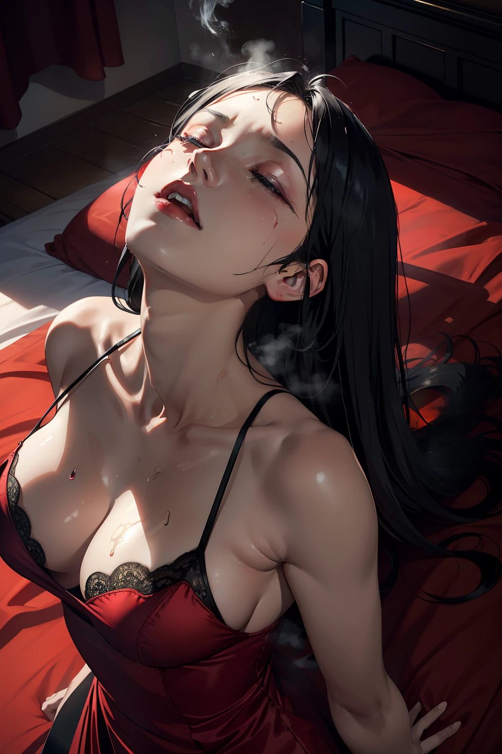 artistic photograph, Real light and shadow ,night,bed room,lying on red bed,1 beautiful girl，((red silk nightdress)),happy sex，cum on dress,(((Liquid on the face))),((steaming body)),A soaked body,Open your mouth and scream,The white mist exhaled,Steam,Trembling,Overhead shot, first person, eyes closed and mouth open, sweating, upper body close-up,(((black hair))),Red eyes,(long hair),（cry）,Exhausted, absent-minded,