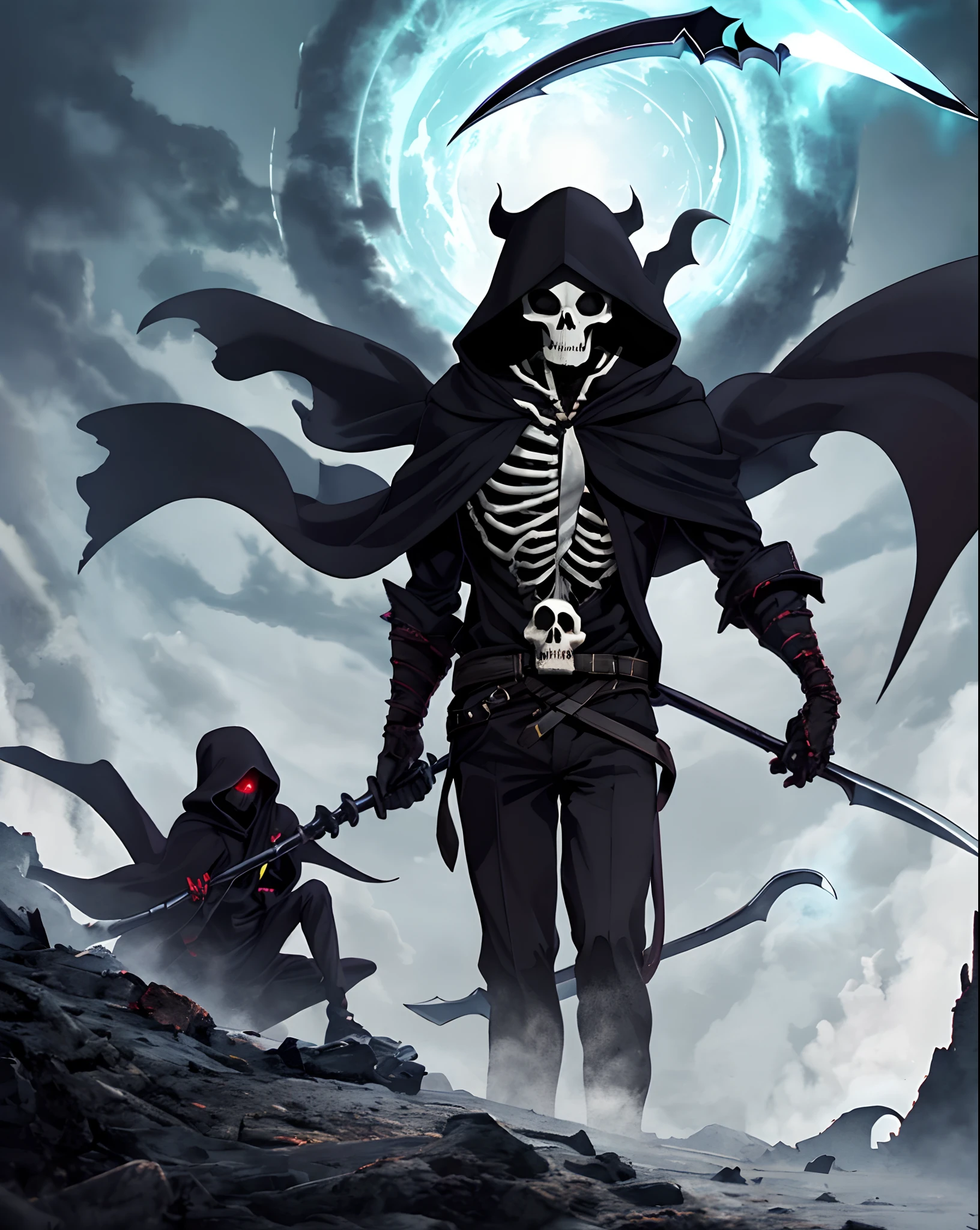 On a swaying purple steppe,The sky full of bright stars is reflected on the wide lake。Moonlight spills on the ground,Silver-white skeletal trees stand among them,Blue flame spirits flew in the air。The armor under the skeleton knight's robe emitted a faint blue light,Travel through an atmosphere of mystery and death。 --auto