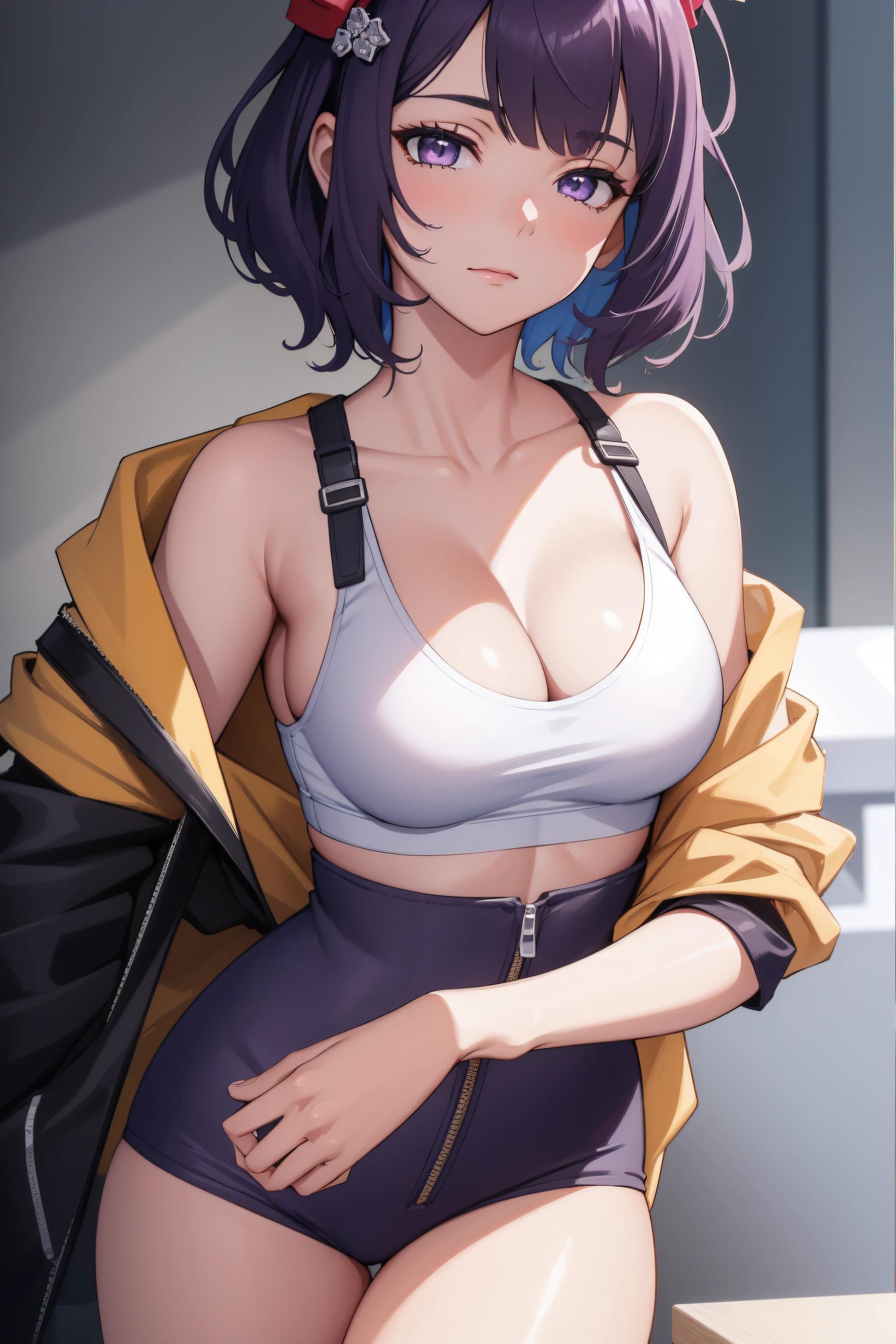 (day:1.7), standing in front of a snow covered mountain, winter,(close-Up:1.4),
Standing,bare legs,
yellow jacket, open jacket, sports bra, bike shorts, midriff,
hokusai, short hair, bangs, hair ornament, (purple eyes:1.1), purple hair, flower, hair flower, hood, hair bun, single hair bun,
1 girl, 20yo,mature female,Beautiful Finger,Beautiful long legs,Beautiful body,Beautiful Nose,Beautiful character design, perfect eyes, perfect face,
looking at viewer,(light_smile:0.3),(Closed_mouth),
NSFW,official art,extremely detailed CG unity 8k wallpaper, perfect lighting,Colorful, Bright_Front_face_Lighting,
(masterpiece:1.0),(best_quality:1.0), ultra high res,4K,ultra-detailed,
photography, 8K, HDR, highres, absurdres:1.2, Kodak portra 400, film grain, blurry background, bokeh:1.2, lens flare, (vibrant_color:1.2)
(Beautiful,medium_Breasts:1.4), (beautiful_face:1.5),(narrow_waist),(perfect hands, perfect anatomy),