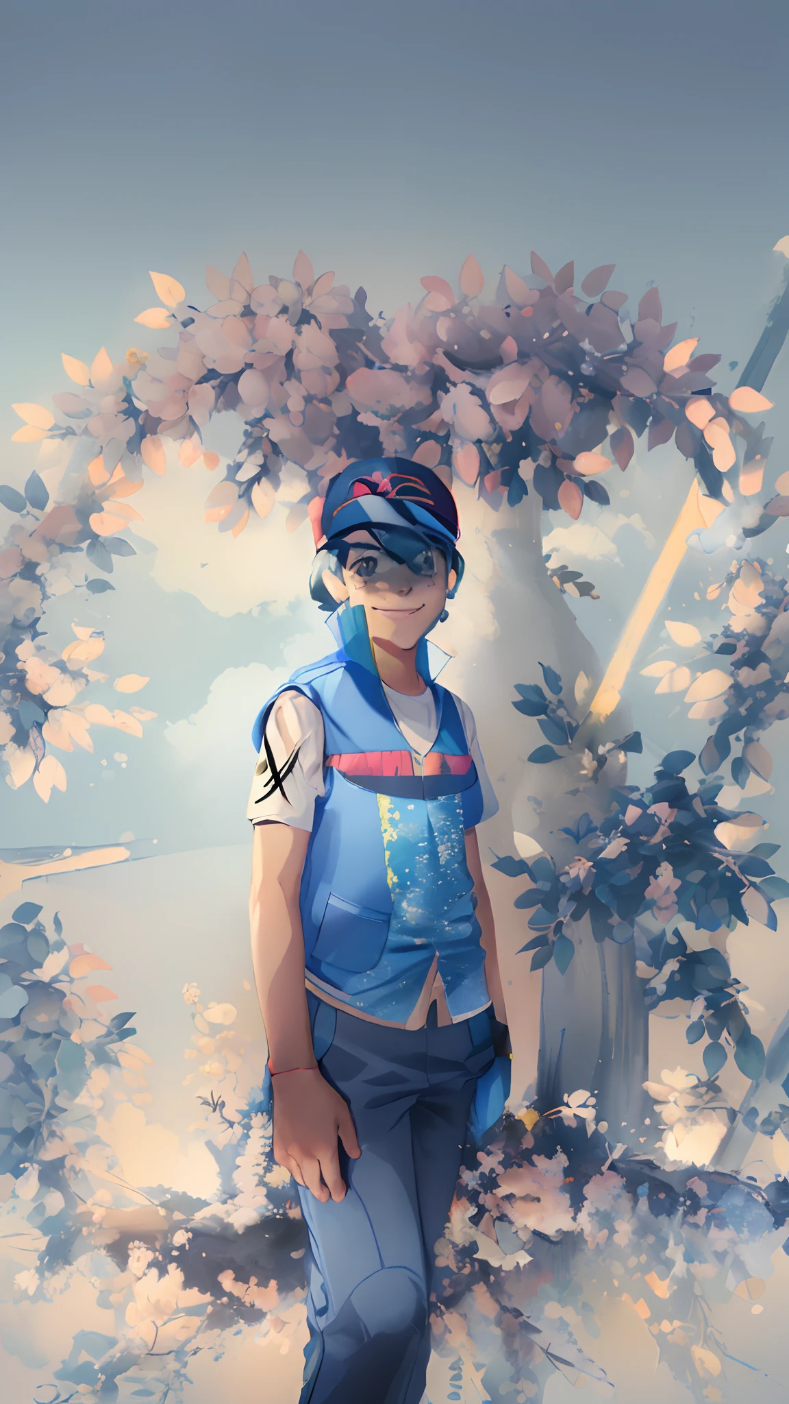 (masterpiece, best quality:1.2), cowboy shot, solo, 1girl, pokemonketchum, smile, looking at viewer, hand on hip, baseball cap, blue jacket, sleeveless jacket, shirt, short sleeves, pants, fingerless gloves