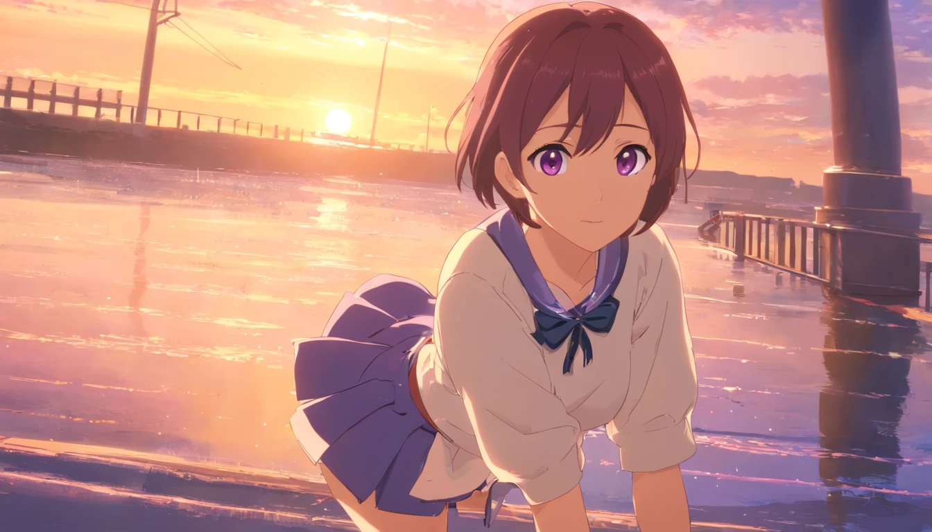 A nice white shirt that lets you see. 、Light blue flared skirt with ruffles、She lifts her skirt with both hands to show off her pretty white underwear.、Cute white underwear visible when you lift your skirt.、sandy beach, beautiful sea, night and starry sky small breasts