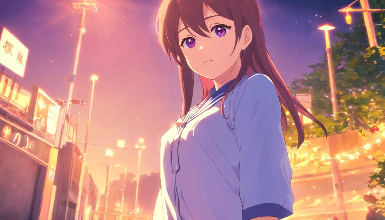 best qualtiy, tmasterpiece, 超高分辨率, realisticlying, 1 girl, Gorgeous Hair in Long Purple,Purple eye,Full-figured, JK school uniform,Long white socks,Short cream white skirt,M-legs,gentleness