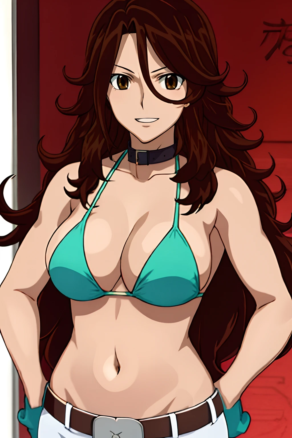 curvy midsection, solo, 1 girl, female wrestler, ultra toned arms, smile, ), (detailed titration screen, upper body only, anime style: 1.8, anime drawing, ultra detailed face, ultra detailed body, 4k, Sumergai Lee Noriega, (standing), best quality, anime style, hires, highest definition, digital blending, bold drawing lines, ((wwe diva), ((location: wrestling arena, crowds watching)), ( pro female wrestler, slim body, (little biceps), , off-shoulders, closed fists, (very curvy: 2.8)), ((elegant bikini , shorts, white gloves, collar, arm band, (champion belt))), (pale skin, big breasts, widely open mouth, teeth), (big eyes, brown eyes, shiny eyes), (), (brown hair, loose hair, curly hair, wavy hair, long hair, missy hair), 27 years old
