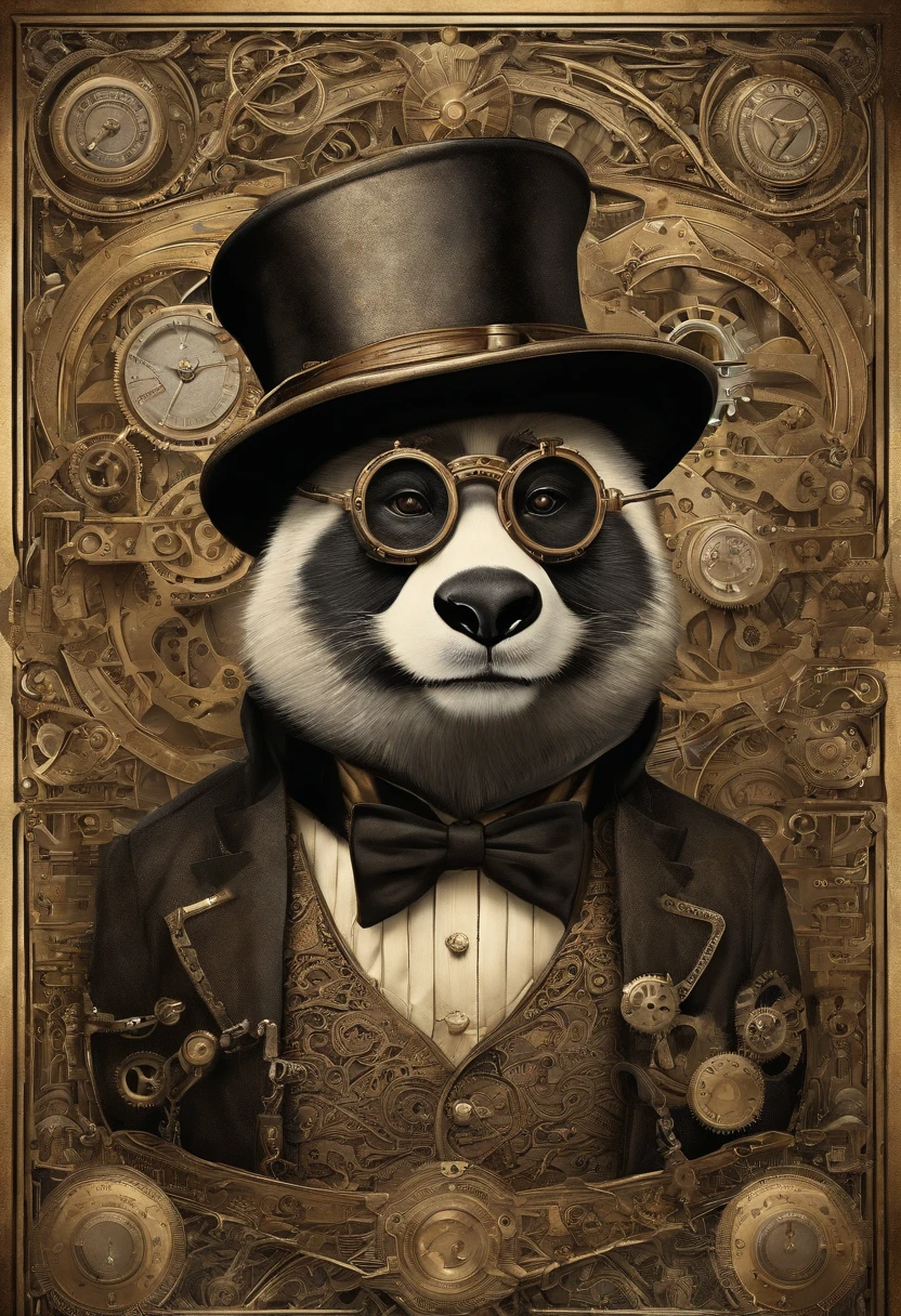 Steampunk, anthro panda, gentleman, top hat, goggles, skinny, working on hardware in a datacentre