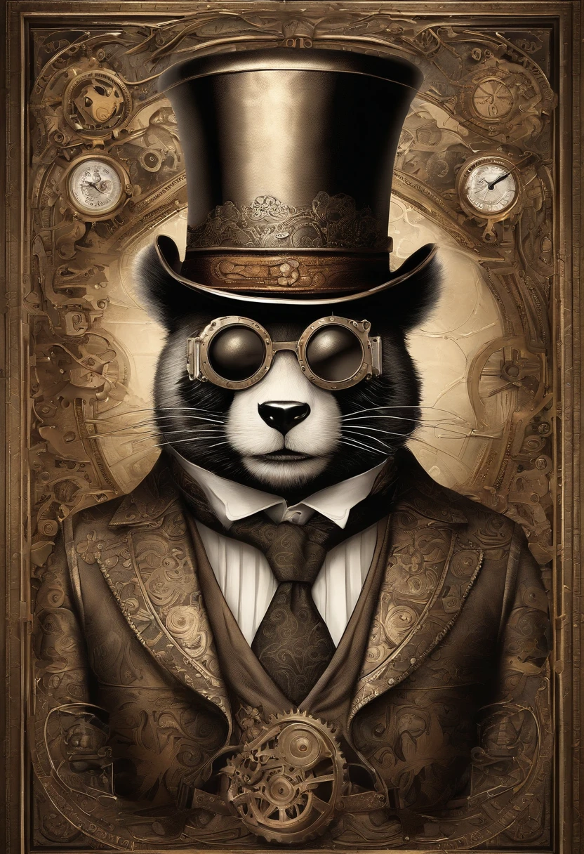 Steampunk, anthro panda, gentleman, top hat, goggles, skinny, working on hardware in a datacentre