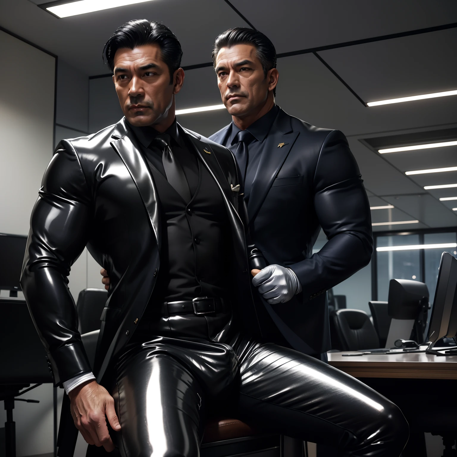 50 years old,daddy,shiny suit ,Dad sat on a chair,k hd,in the office,big muscle, gay ,black hair,asia face,masculine,strong man,the boss is,handsome,sex,leather gloves,lecherous dad,look straight ahead,dad is handsome,dad is erection ,dad is sex dad