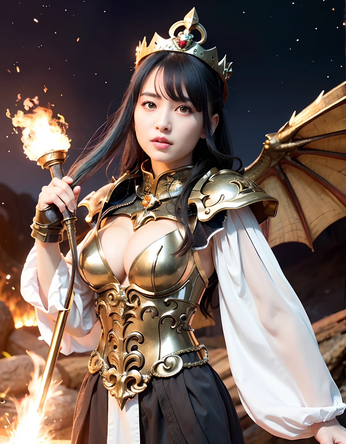 Professional , masterpiece、top-quality、photos realistic , 、top-quality、超A high resolution、(Photorealsitic:1.4)、Raw photo、depth of fields (Gemstone Gold Metal Body:1.9),(Matte White、Toostock、cleavage of the breast、(cleavage of the breast)、(Detailed Dragon Armor)、(Have the strongest weapon)、((Random Hairstyles 1.6),Dark Fantasy,)explosions、intense fighting、(Precipitous cliffs),Dragon Gold Weapon,Mystical expression、Particles of light、Fight dragons、(Detailed Dragon Helmet),Gorgeous Silver Weapons ,(( Dragon's dense and gorgeous sword)) , Beautiful knife ,warhammer 40k ,Detail and gorgeous crown、((Blue hair))、(Castle background)、、((Gangle's forest background))、Beautiful Caucasian beauty、1a person、dynamic ungle,((()))、Smaller head、A smile、Castle background、Thin and beautiful female hands、cleavage of the breast、Soldier in iron armor on background、Mystical expression、Light Effects、intense fighting、Wind-effect、magic circles、With the legendary magic wand、(demonic wings)、Toostock、