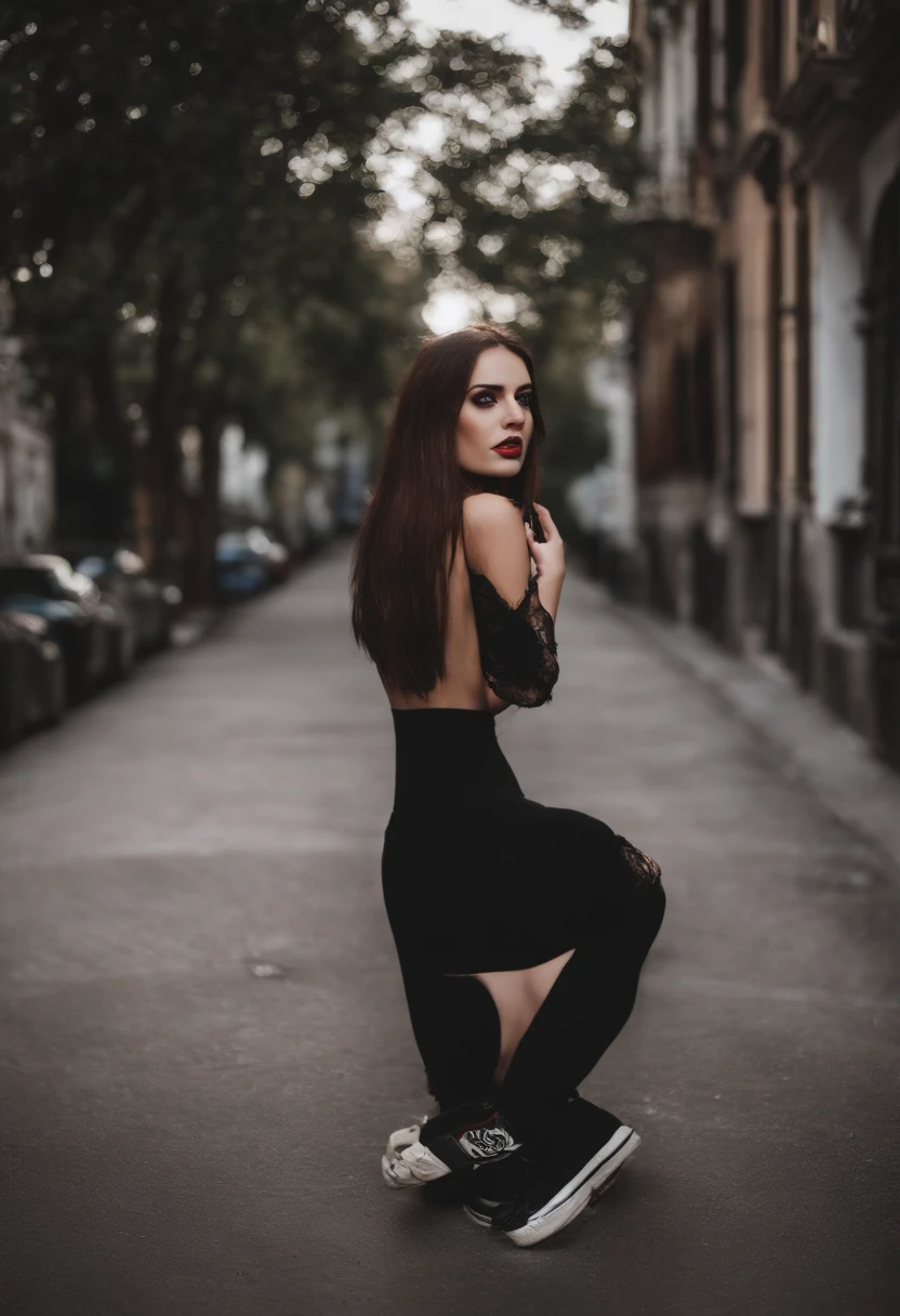 Uma vampira emocore adolescente com grandes asas em ambos os lados, kneeling on the floor, olhamdo pra frente, longos cabelos ruivos, meias longas listradas, Camiseta Rock Band, All STAR sneakers, minissaia grunge, amazing detail
, Papel de parede UHD