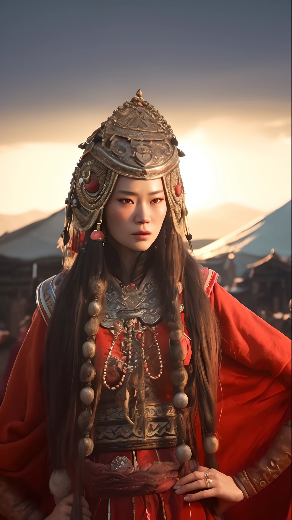 a woman in a costume is posing for a picture, inspired by Lü Ji, trending on cg society, dau-al-set, genghis khan, screenshot from a movie, centered headdress, zhang yimou, dusk setting, gorgeous and huge head ornaments, video, summer glau, tibet, very detailed and rich clothing, scene from live action movie, hyper realistic, vibrant colors, global illumination, realistic textures