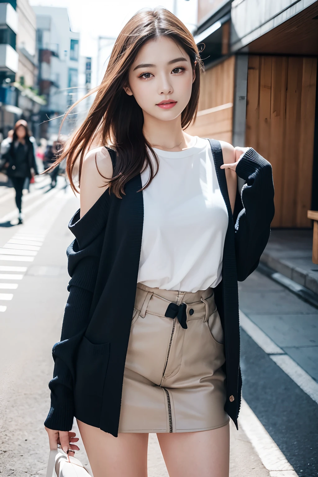 (8K,Raw photo、Raw photo、top-quality、Master masterpiece:1.2)、ultra-detailliert、Super Resolution、(Photorealsitic:1.3)、Angle to shoot from the front、Clearly draw shades of light、high resolution RAW color photos、professional photograpy、Same skin type as humans、Female proofreading of Japan from head to waist、Blur the background、Draws faithfully to anatomy、Very detailed and beautiful、Ultra-high image quality、long、Hair swaying and sexy、Very detailed beautiful girl、(Pink Eye Shadow)、smil、Plain clothe、from waist up、a miniskirt、cardigan、Shoulder Bag、