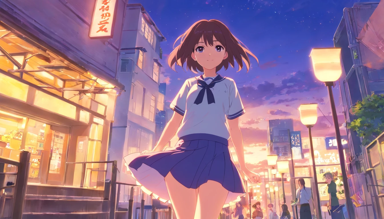 best qualtiy， tmasterpiece， 超高分辨率， realisticlying， 1 girl， Gorgeous Hair in Long Purple，Purple eye，Full-figured， JK school uniform，Long white socks，Short cream white skirt，M-legs，かわいい