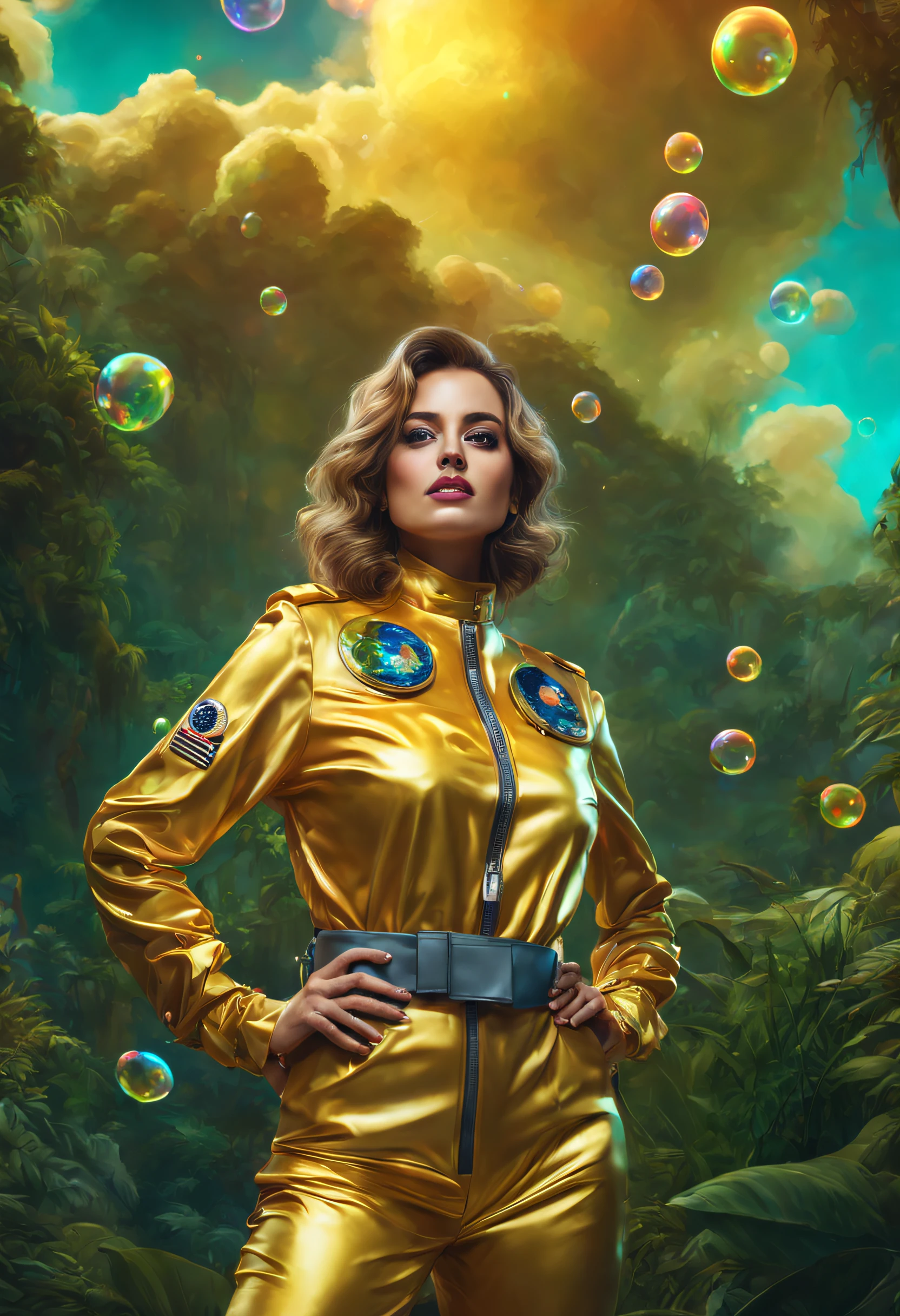 HD Masterpiece, A Woman Standing Cadet from Space, flirting with camera, Detailed face, clivage, Plan moyen, Golden Suit, Colorful Clouds and Neon Soap Bubbles, Ultra Realistic Jungle Background