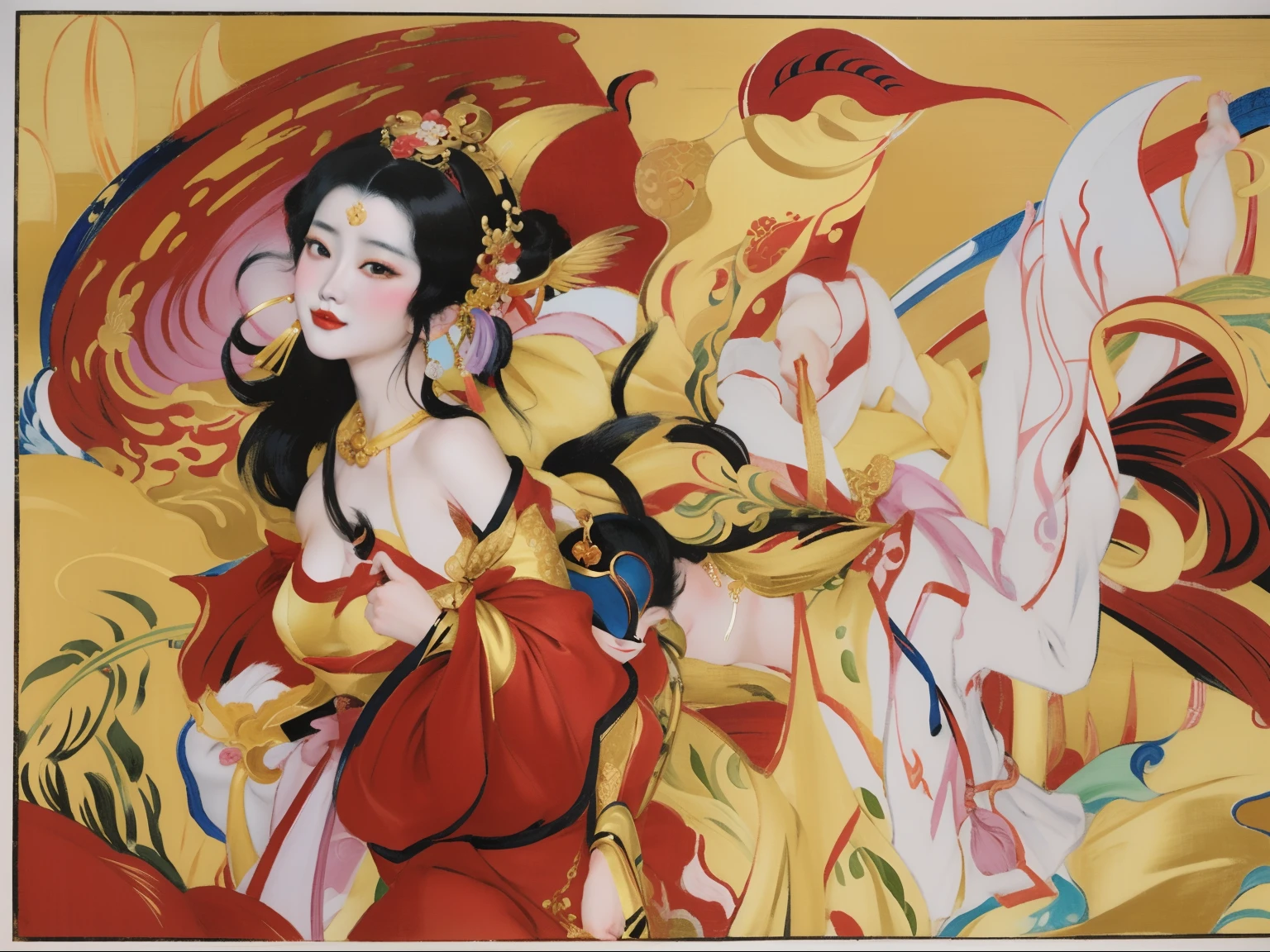 painting of a woman in a yellow dress and a red demon, korean art nouveau anime, inspired by Tsukioka Yoshitoshi, inspired by Yun-Fei Ji, artwork in style of sheng lam, inspired by Toyohara Chikanobu, fantasy acrylic on canvas, inspired by Chen Yifei, inspired by Utagawa Kunisada III