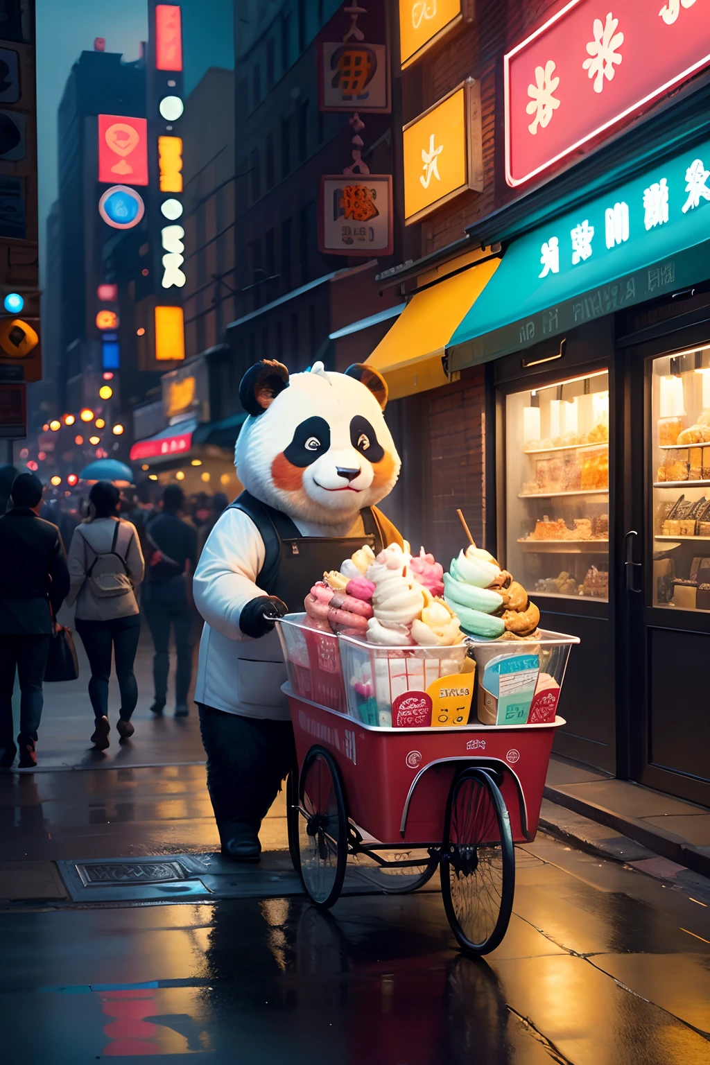 Illustrate a photorealistic scene of a cheerful panda transformed into an ice cream seller in new york, pushing a cart on a bustling city street at nighttime. The city lights cast dramatic glows and reflections, enhancing the atmosphere. The panda should have a beaming smile and a sense of joy while serving ice cream to delighted customers