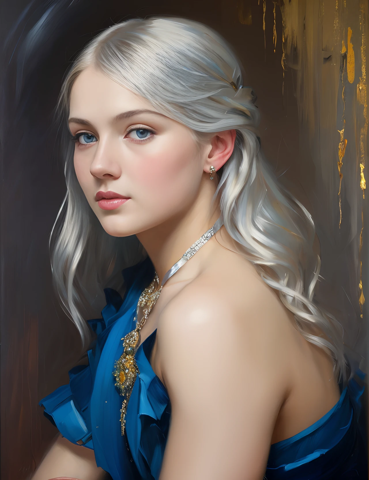 Oil on canvas
Portrait
Girl
Andrey atroshenko style
Painting
Traditional media
Realistic
Figurative
Fine art
8K
HDR
High resolution
High detail
Focus on face
Classicism
Silver hair
Blue eyes