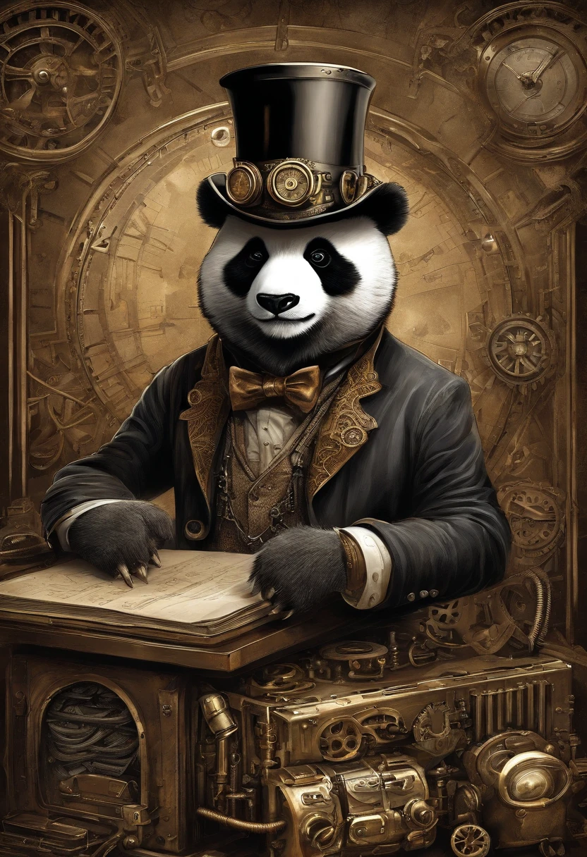 A skinny anthro panda, wearing a steampunk outfit with a top hat and goggles while working on a computer in a datacenter.