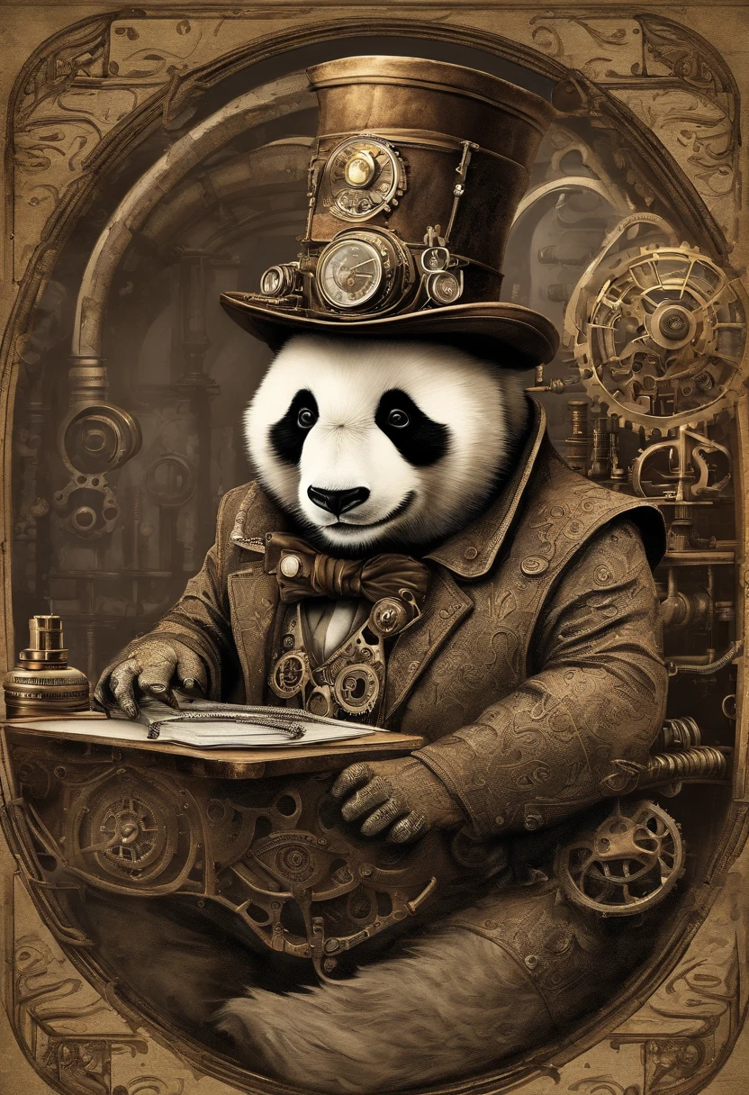 A skinny anthro panda, wearing a steampunk outfit with a top hat and goggles while working on a computer in a datacenter.