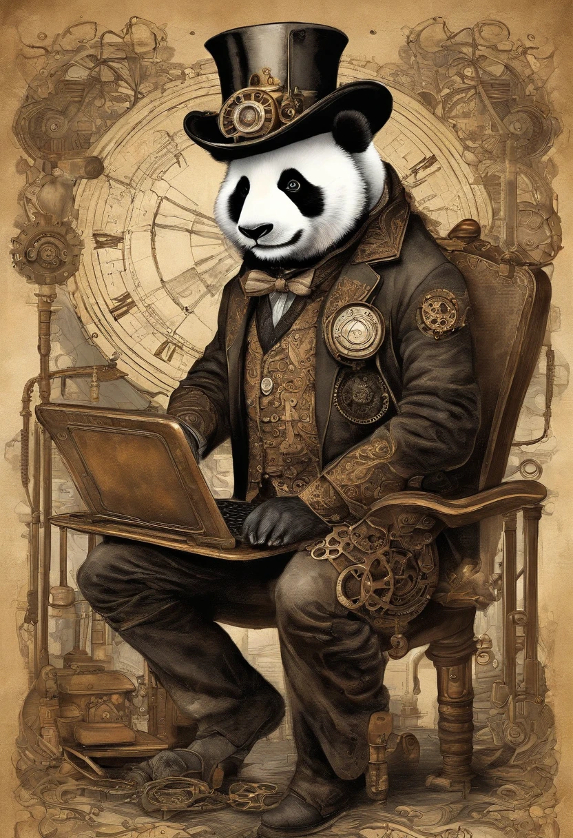 A skinny anthro panda, wearing a steampunk outfit with a top hat and goggles while working on a computer in a datacenter.