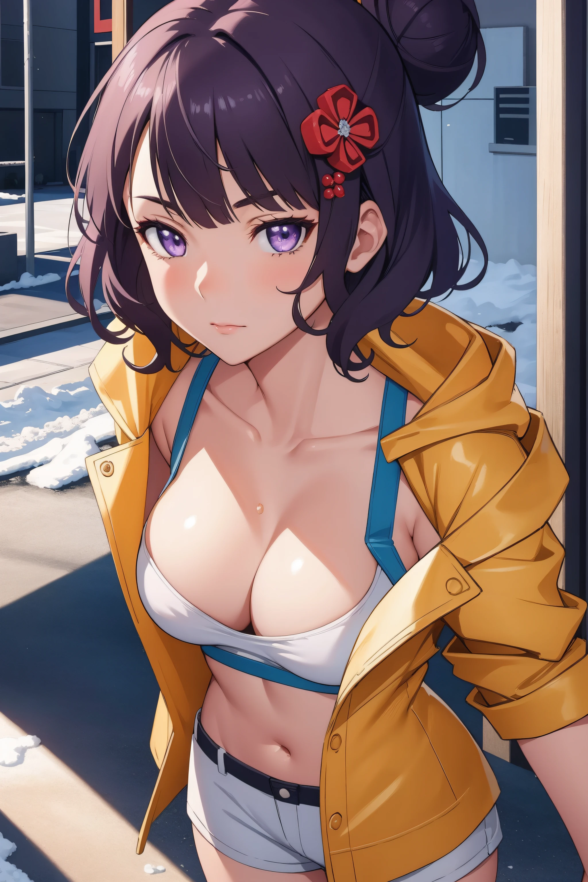 (day:1.7), standing in front of a snow covered mountain, winter,(close-Up:1.4),
Standing,bare legs,
yellow jacket, open jacket, sports bra, bike shorts, midriff,
hokusai, short hair, bangs, hair ornament, (purple eyes:1.1), purple hair, flower, hair flower, hood, hair bun, single hair bun,
1 girl, 20yo,mature female,Beautiful Finger,Beautiful long legs,Beautiful body,Beautiful Nose,Beautiful character design, perfect eyes, perfect face,
looking at viewer,(light_smile:0.3),(Closed_mouth),
NSFW,official art,extremely detailed CG unity 8k wallpaper, perfect lighting,Colorful, Bright_Front_face_Lighting,
(masterpiece:1.0),(best_quality:1.0), ultra high res,4K,ultra-detailed,
photography, 8K, HDR, highres, absurdres:1.2, Kodak portra 400, film grain, blurry background, bokeh:1.2, lens flare, (vibrant_color:1.2)
(Beautiful,medium_Breasts:1.4), (beautiful_face:1.5),(narrow_waist),(perfect hands, perfect anatomy),