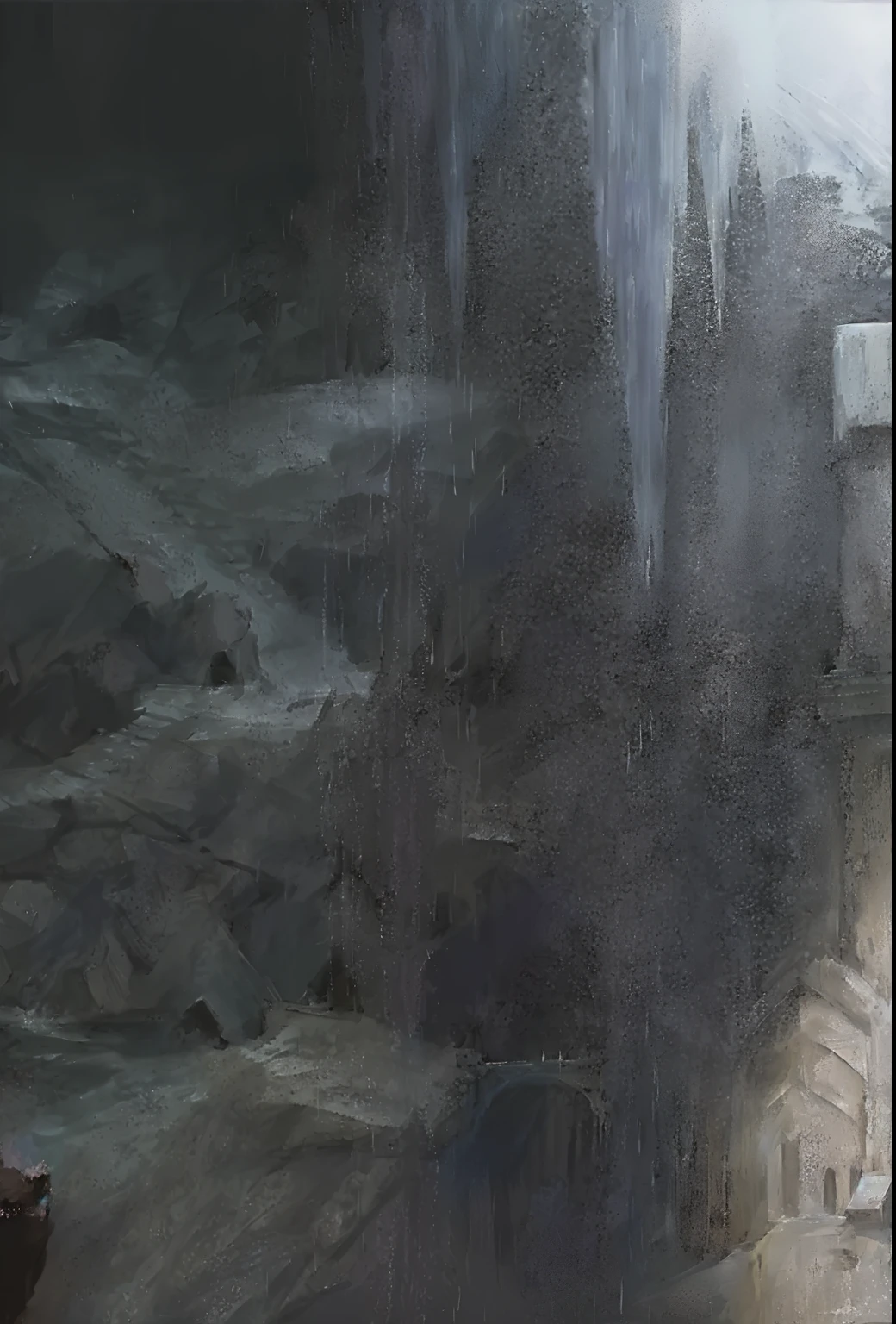 there is a painting of a castle in the middle of a mountain, dark fantasy concept art, epic fantasy concept art, dramatic concept art, high fantasy concept art, fantasy concept painting, fantasy concept art, dark souls concept art, andreas rocha and john howe, stunning concept art, painterly concept art, highly detailed concept art, fantasy and concept art