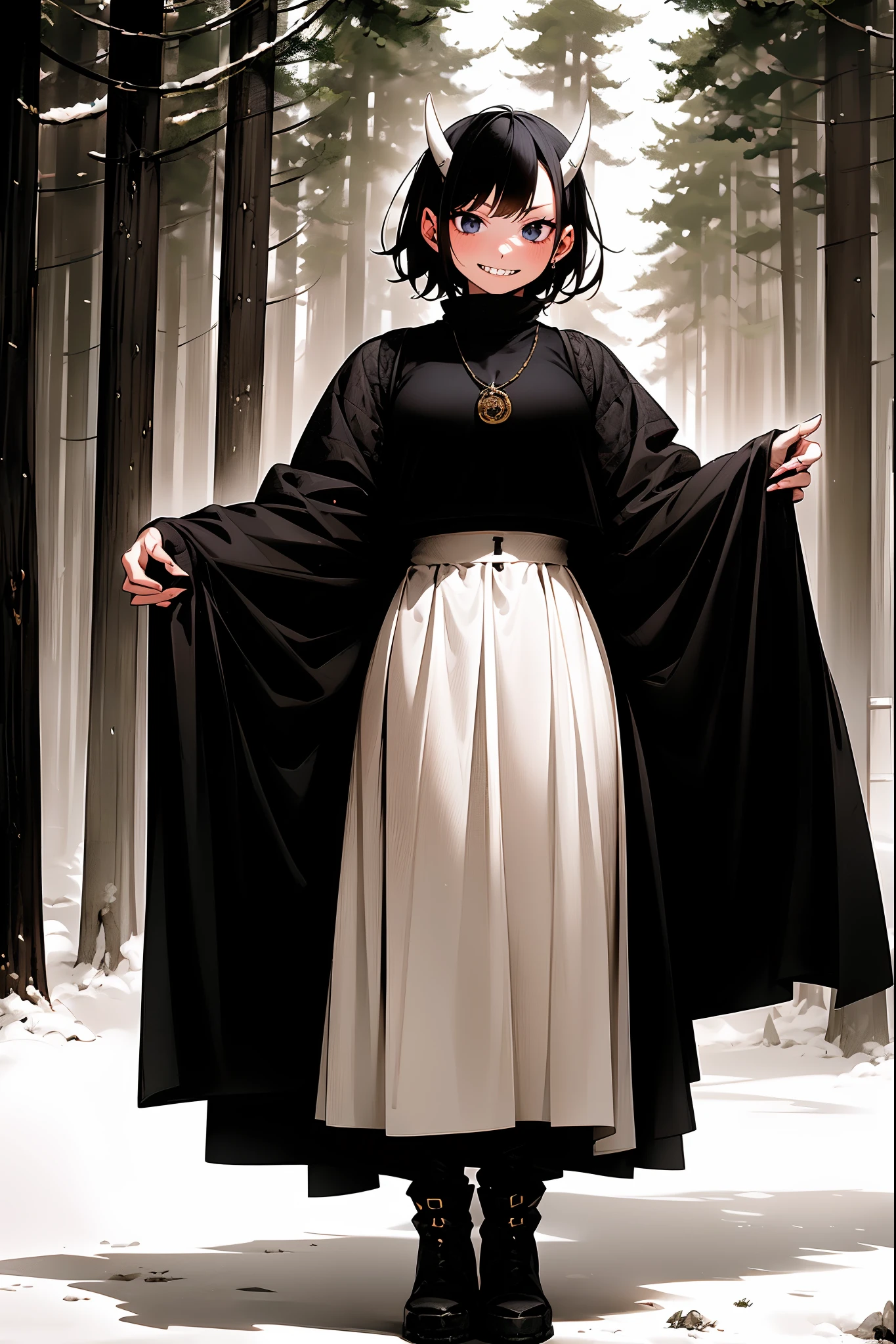 short hair, youngirl,black hair, vest, pullover, dragon horns, sharpteeth, standing, smile, full body , boots, long skirt, winter dress,, forest, woman-medieval-clothes, horns