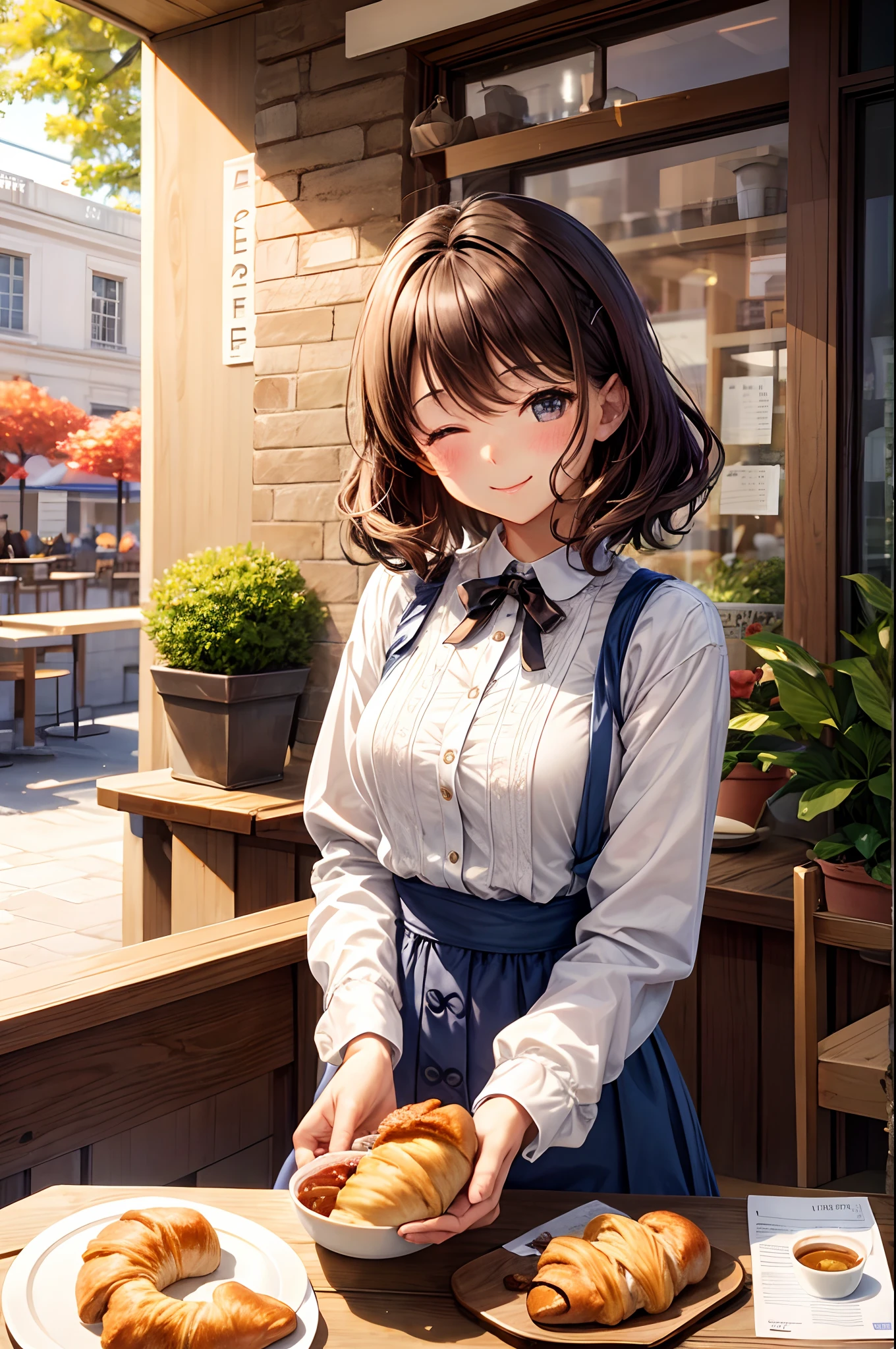Best Quality、Light brown skin、Eat croissants on the café terrace、Bite into bread、Autumn clothes、Drawn up to the knee、、Bob Hair、age woman、Very cute、Close your eyes and smile、A smile that closes your eyes、Brown hair、Schools、I want to blush、Peek、Colored leaves、Wink、twinkling、Kamimei、