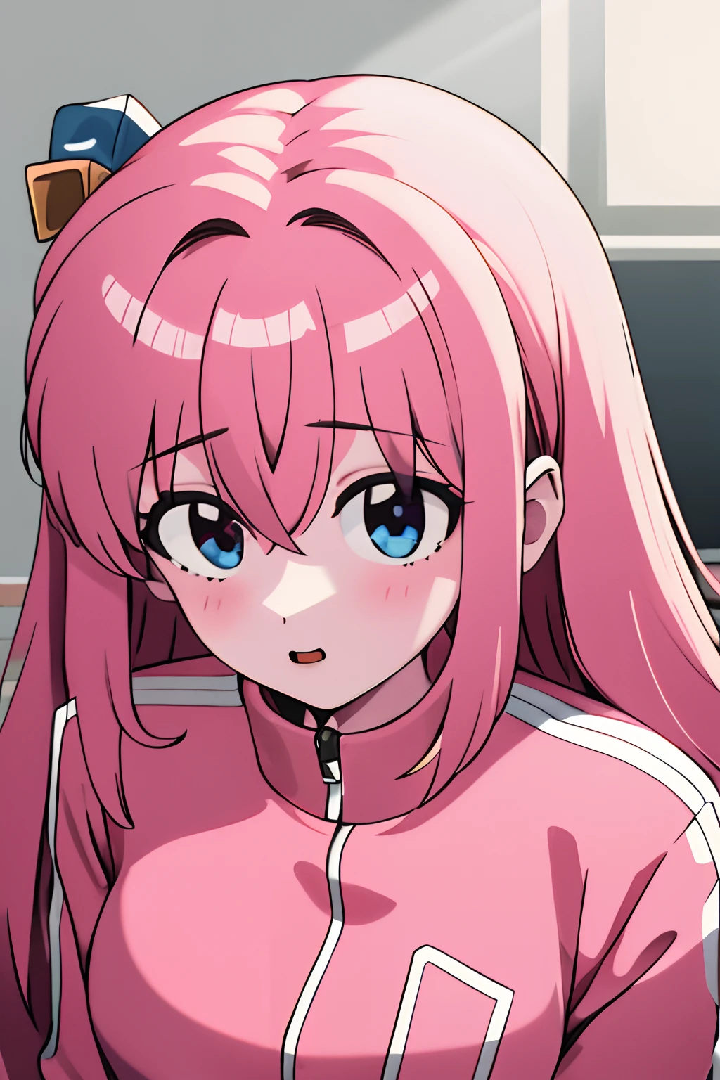 masterpiece, best quality, highres, gotou1, gotou hitori, solo, bangs, hair between eyes, ((portrait)), pink tracksuit, detiled eyes, big boobs, classroom