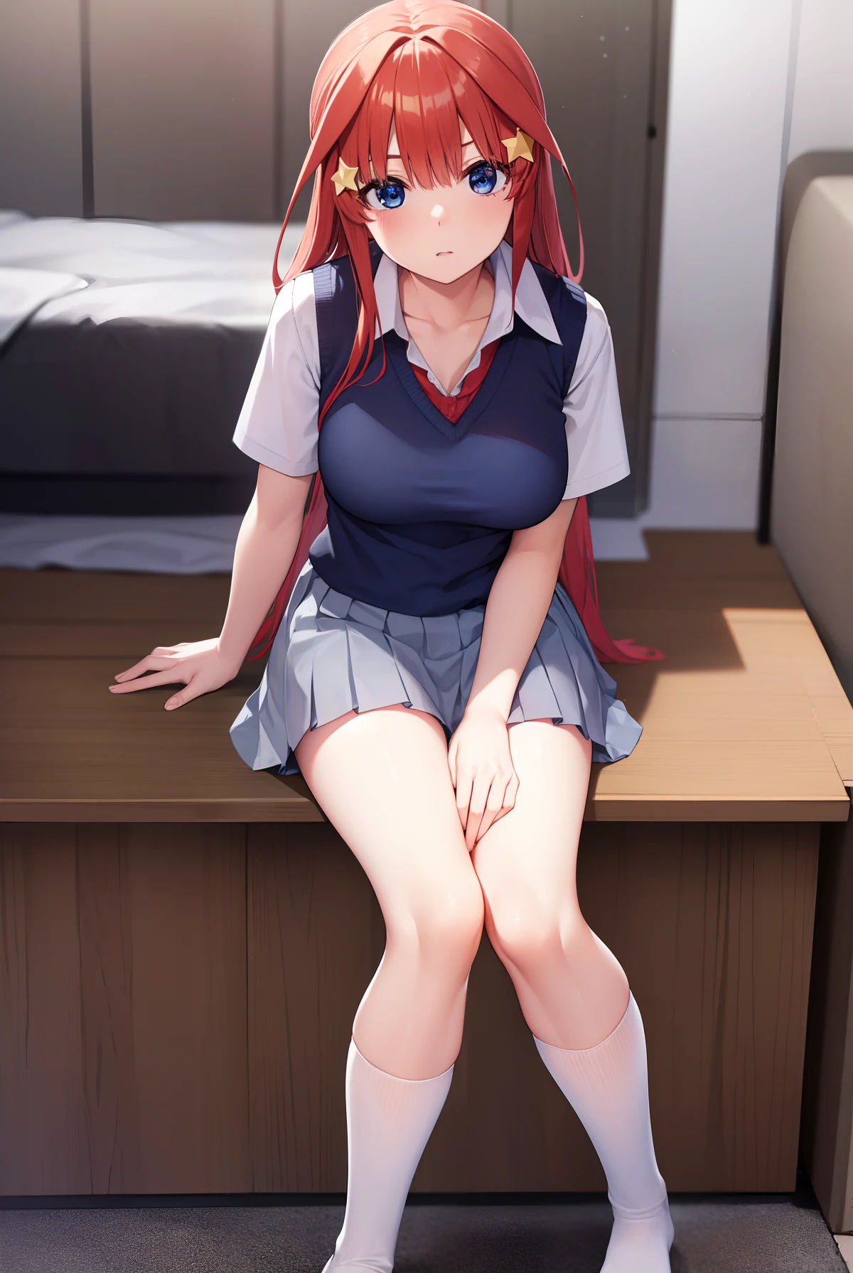 Satsuki Nakano, Itsuki Nakano, Bangs, Blue eyes, hair between eye, Ahoge, Red hair, Star \(symbol\), Hair Ornament, Star hair ornament, BREAK skirt, Shirt, School uniform, 鎖骨, White shirt,
Break indoors, School, crass room,
BREAK (masutepiece:1.2), Best Quality, High resolution, Unity 8k壁纸, (Illustration:0.8), (Beautiful detailed eyes:1.6), extra detailed face, Perfect Lighting, extremely details CG, (Perfect hands, Perfect Anatomy),fullnude,Ero