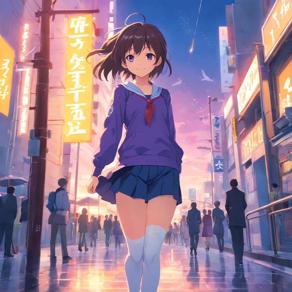 best qualtiy, tmasterpiece, 超高分辨率, realisticlying, 1 girl, Gorgeous Hair in Long Purple,Purple eye, JK school uniform,Long white socks,M-legs,ssmile