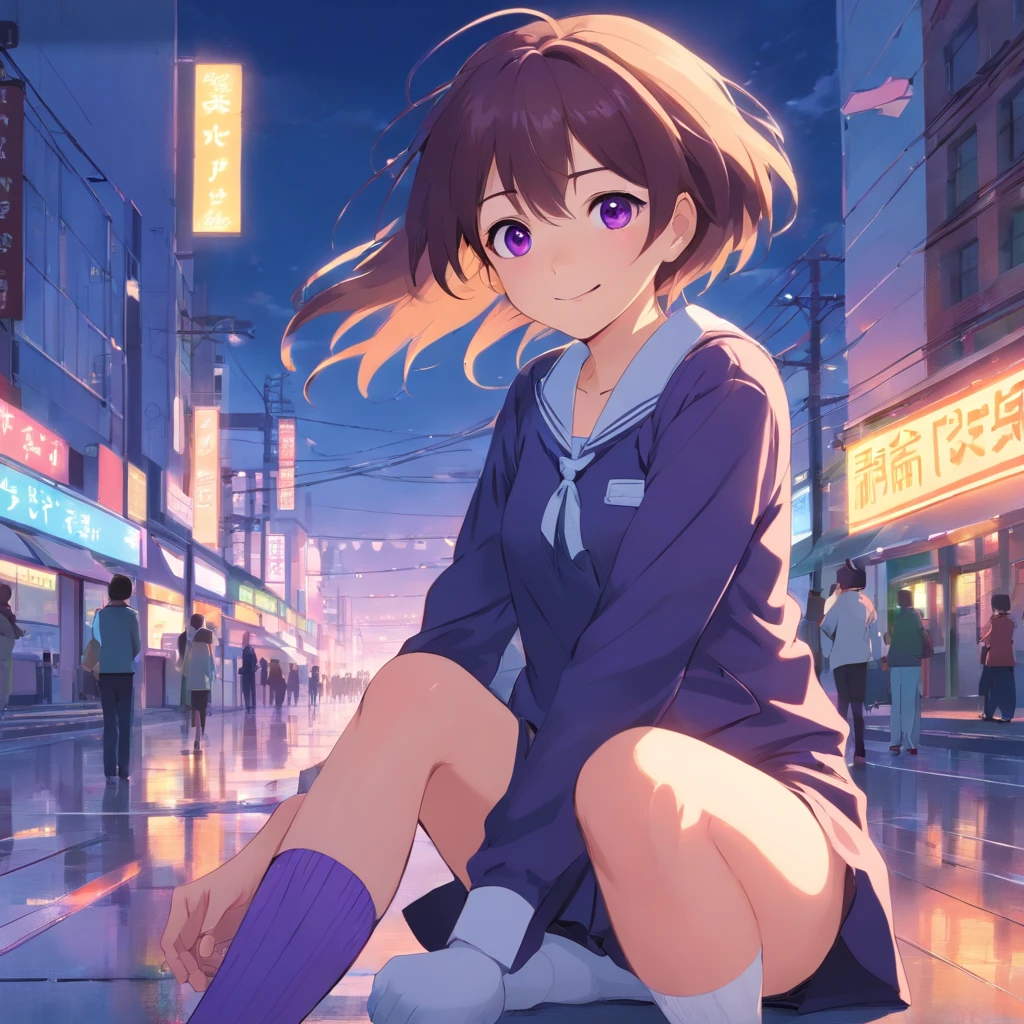 best qualtiy， tmasterpiece， 超高分辨率， realisticlying， 1 girl， Gorgeous Hair in Long Purple，Purple eye， JK school uniform，Long white socks，M-legs，ssmile