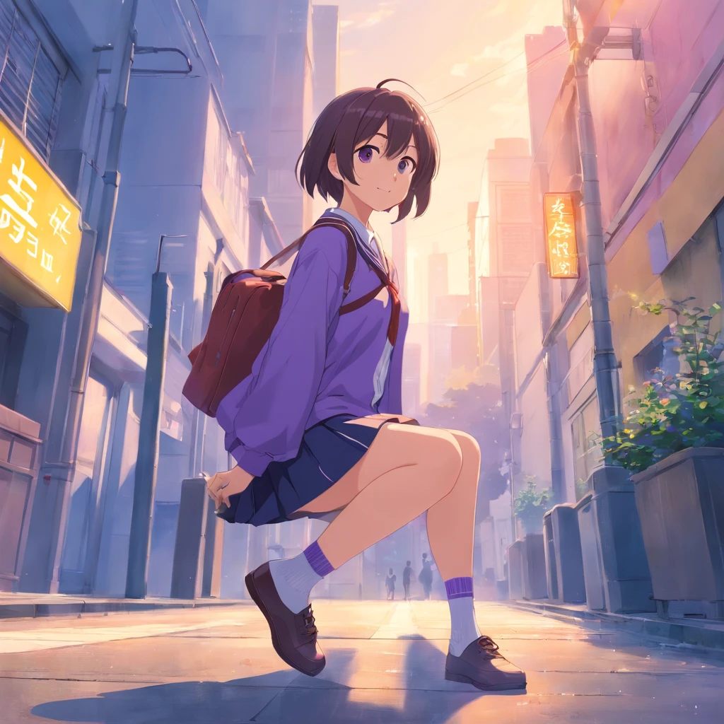 best qualtiy， tmasterpiece， 超高分辨率， realisticlying， 1 girl， Gorgeous Hair in Long Purple，Purple eye， JK school uniform，Long white socks，M-legs，ssmile