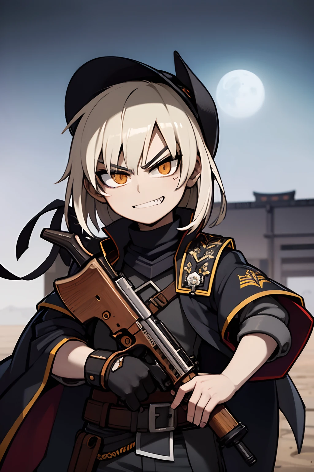 best quality, masterpiece, 1boy, cowboy shot, black flame, magic, space magic, weapons, sword, gun, samurai armor, gun, AK-47, Kalashnikov, Kusarigama, Daisho Set, ((futuristic)), cosmos, arrogant, arrogant grin, smirk.