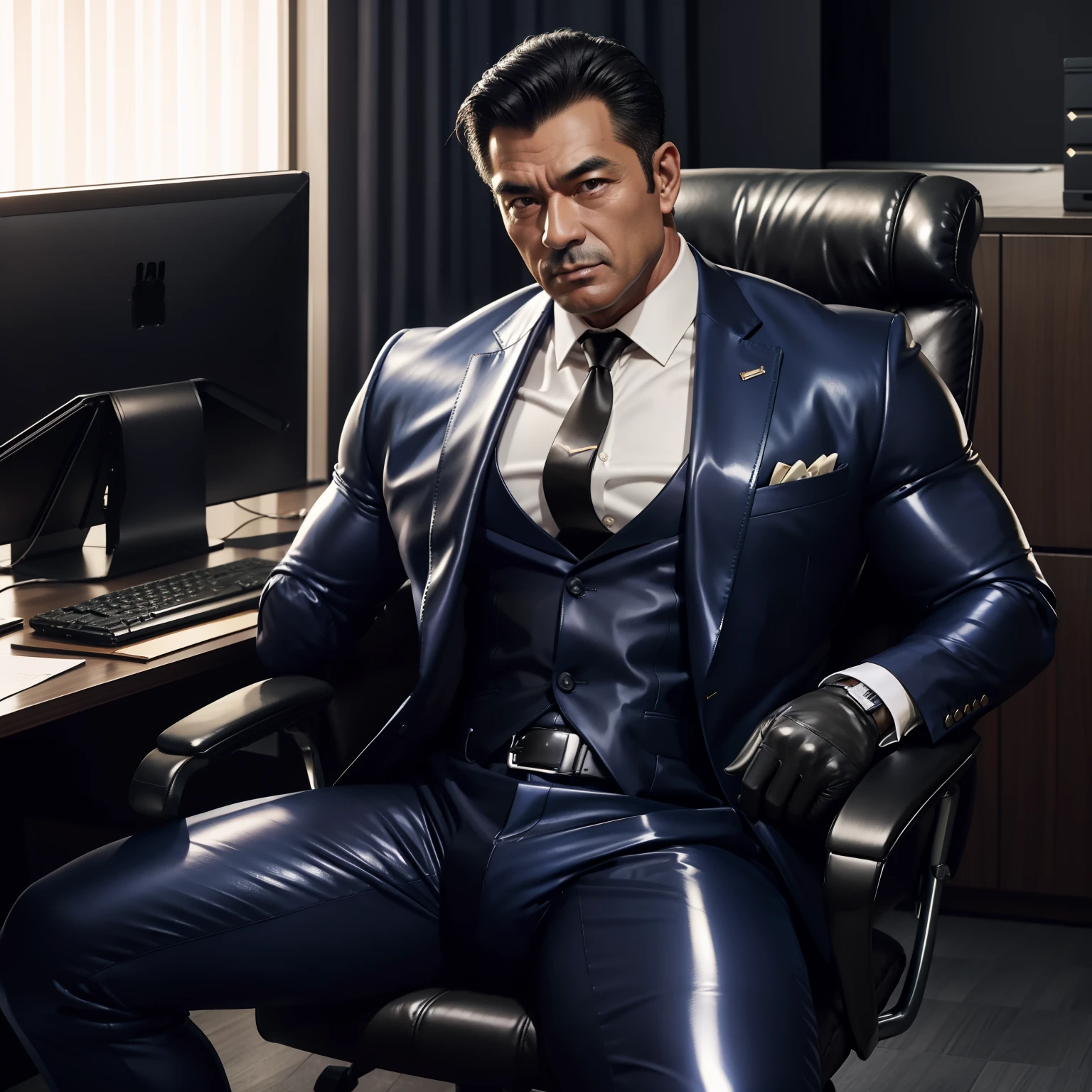 50 years old,daddy,shiny suit ,Dad sat on a chair,k hd,in the office,big muscle, gay ,black hair,asia face,masculine,strong man,the boss is,handsome,sex,leather gloves,lecherous dad,look straight ahead,dad is handsome,dad is a fuck dad