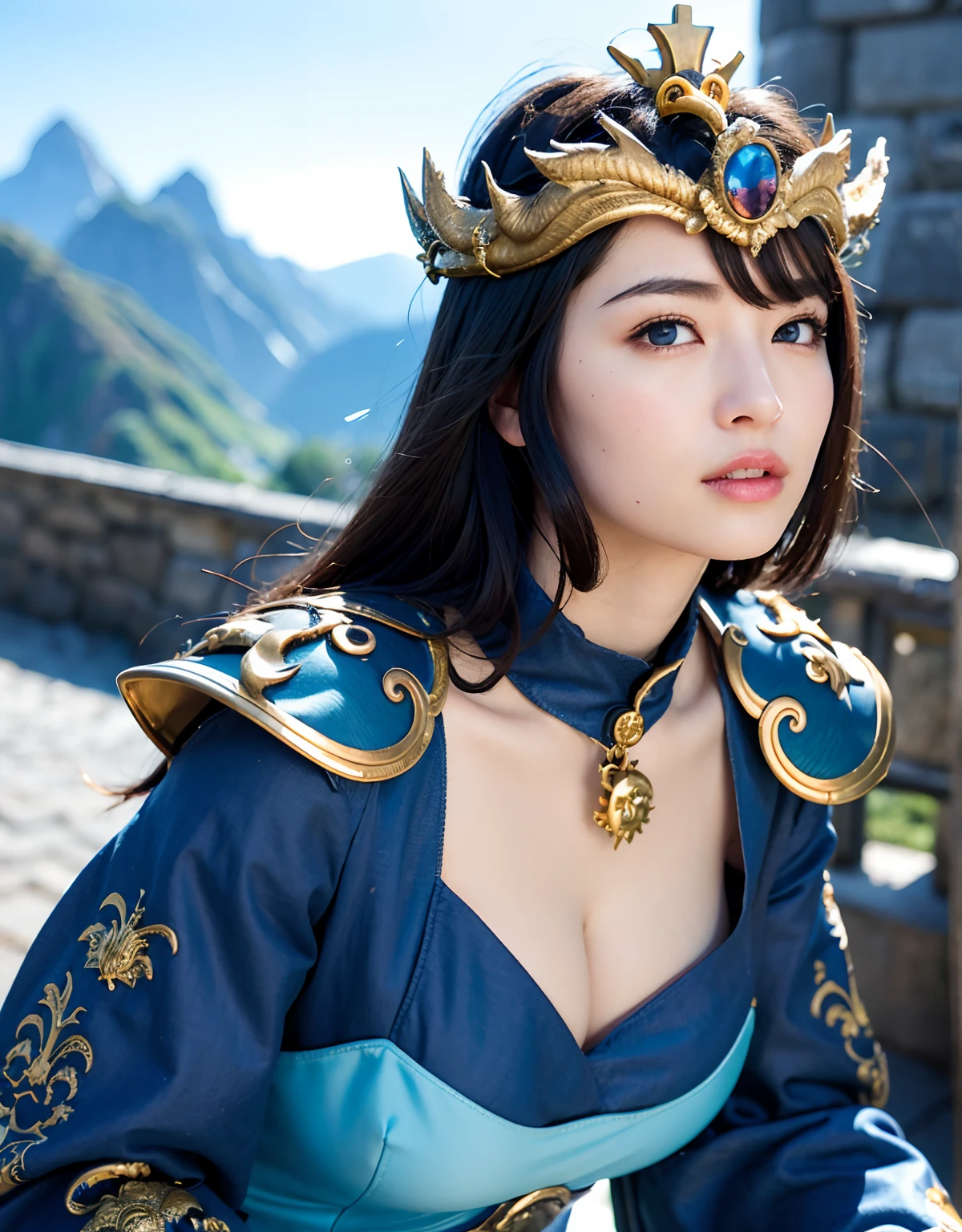 Professional , masterpiece、top-quality、photos realistic , 、top-quality、超A high resolution、(Photorealsitic:1.4)、Raw photo、depth of fields (Gemstone Gold Metal Body:1.9),(Matte White、Toostock、cleavage of the breast、(cleavage of the breast)、(Detailed Dragon Armor)、(Have the strongest weapon)、((Random Hairstyles 1.6),Dark Fantasy,)explosions、intense fighting、(Precipitous cliffs),Dragon Gold Weapon,Mystical expression、Particles of light、Fight dragons、(Detailed Dragon Helmet),Gorgeous Silver Weapons ,(( Dragon's dense and gorgeous sword)) , Beautiful knife ,warhammer 40k ,Detail and gorgeous crown、((Blue hair))、(Castle background)、、((Gangle's forest background))、Beautiful Caucasian beauty、1a person、dynamic ungle,((()))、Smaller head、A smile、Castle background、Thin and beautiful female hands、cleavage of the breast、Soldier in iron armor on background、Mystical expression、Light Effects、intense fighting、Wind-effect、magic circles、With the legendary magic wand、(demonic wings)、Toostock、