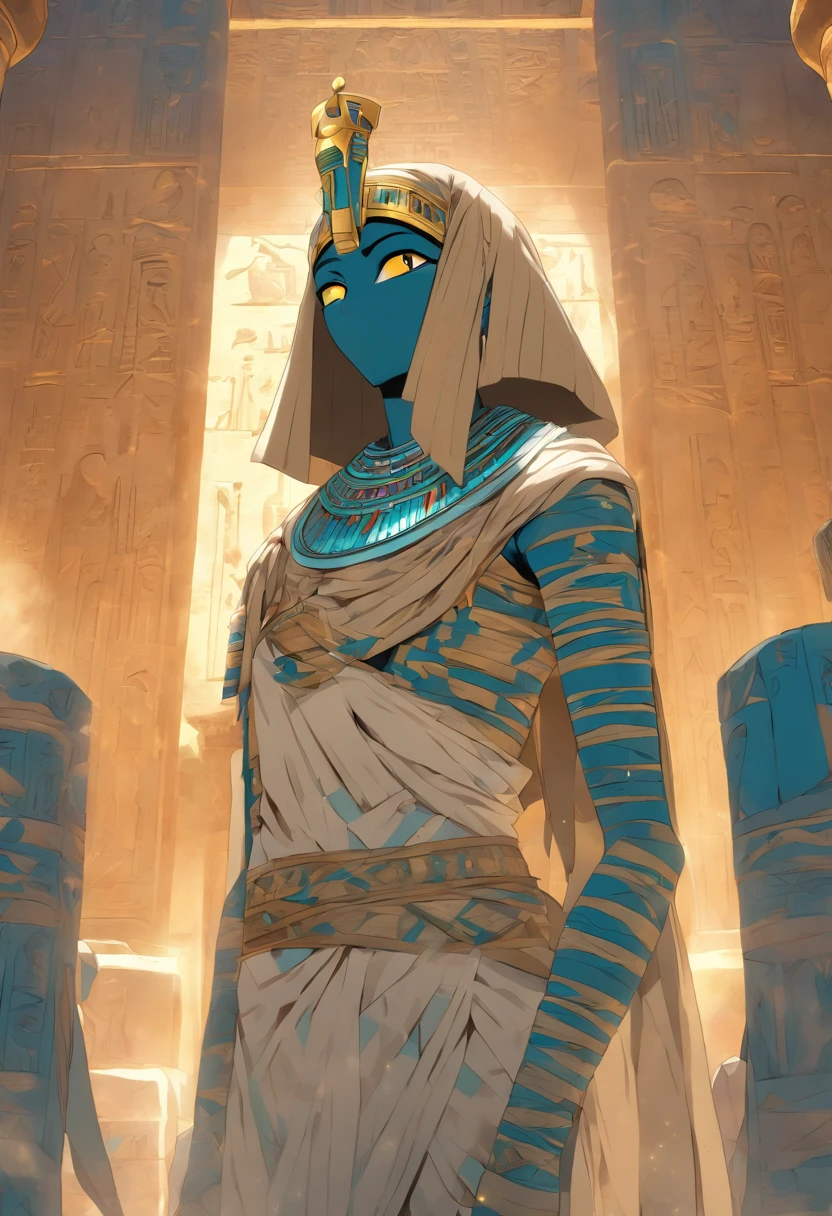 (((Mummy body))) best quality, very high resolution, 4K detailed CG, masterpiece, Egyptian mythology,Ptah,Egyptian tomb, Ancient Egypt, standing pose, mummy, white clothes, Egyptian clothes, Egyptian temple , desert, Ancient Egypt, ((blue adornment, mummy body)), Egyptian palace, aesthetics, beautiful image, centered on screen, standing pose