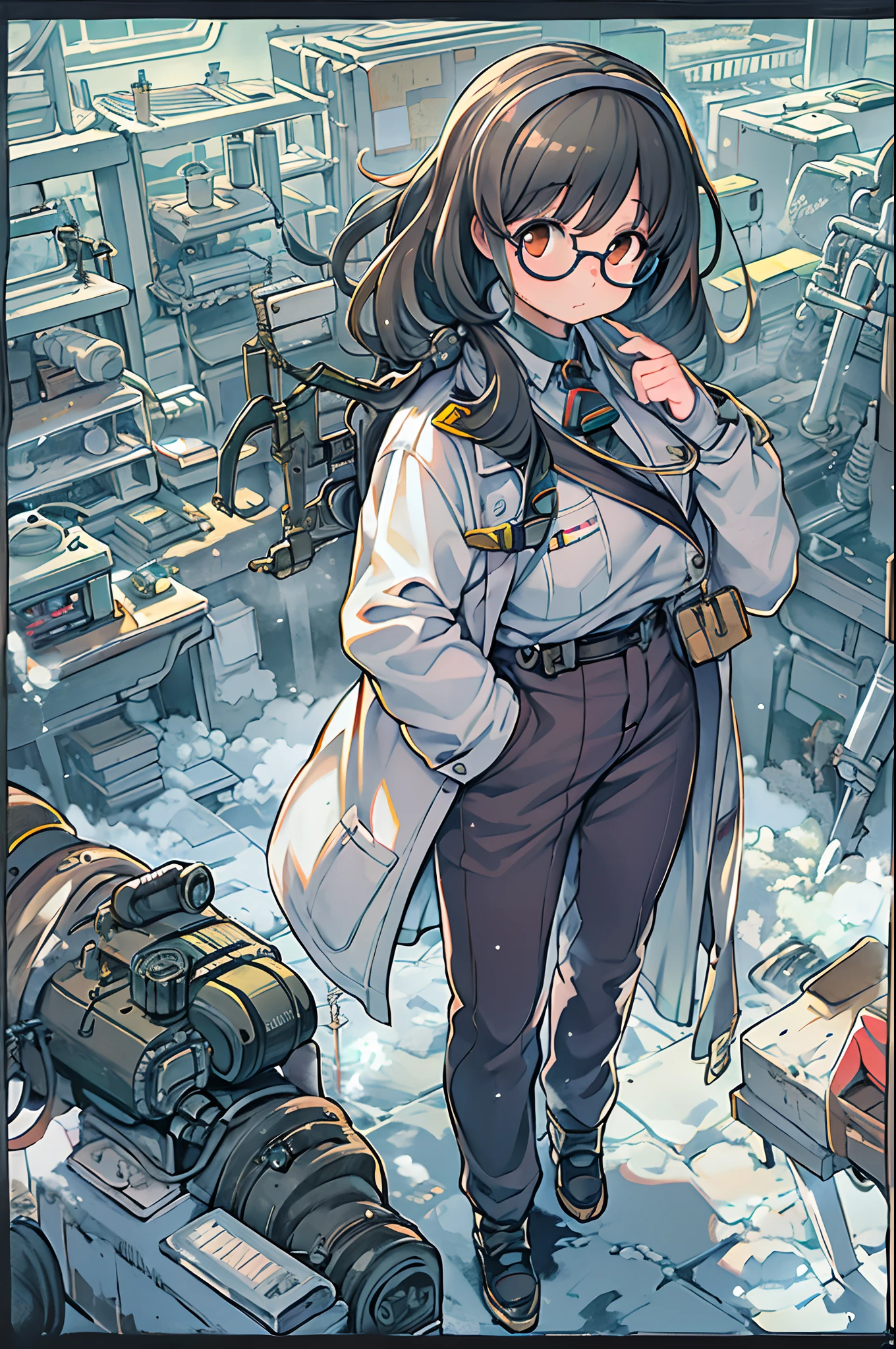 Science fiction,a science fiction film,cannons,Long-range missiles,Based on the Film Foundation ,Woman,,28 years old,Zito-order,Brown eyes,Long hairstyle,Unkempt hair、White-gray on black hair,Scientist uniform,White researcher coat,Open Meadow,Rebel,Chaotic,A futuristic world,Socialist world,Snow,lab room、stoop、big round glasses、with hands in pockets