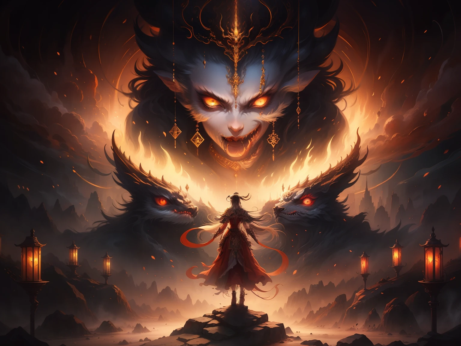A woman in a red dress stands in front of a big demon, by Yang J, Epic fantasy digital art style, inspired by Wu Bin, Epic fantasy art style, Epic fantasy art style HD, Fantasy art style, 2. 5 D CGI anime fantasy artwork, Alice X. zhang, Symmetrical epic fantasy art, By Li Song, Anime fantasy illustration