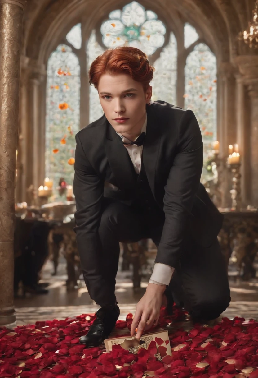 Riddle Rosehearts, red hair, tall, handsome, beautiful, based on the Queen of Hearts, vibrant red hair, piercing grey eyes, regal expression, wearing an intricate red and black suit, a golden crown on his head, a deck of playing cards in his hand, standing in a grand ballroom with ornate chandeliers and marble pillars, surrounded by a swirling rose garden, petals falling gracefully around him, sunlight streaming through stained glass windows, casting colorful patterns on the floor, the air filled with the scent of roses, a whimsical yet elegant atmosphere, capturing the essence of Wonderland, high quality and ultra-detailed, vibrant colors, dynamic lighting, a masterpiece in digital art.