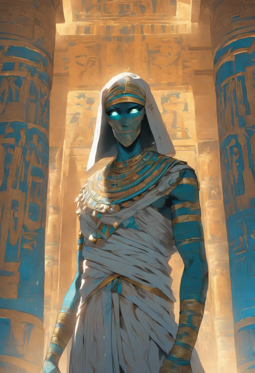 (((Mummy body))) best quality, very high resolution, 4K detailed CG, masterpiece, Egyptian mythology,Ptah,Egyptian tomb, Ancient Egypt, standing pose, mummy, white clothes, Egyptian clothes, Egyptian temple , desert, Ancient Egypt, ((blue adornment, mummy body)), Egyptian palace, aesthetics, beautiful image, centered on screen, standing pose