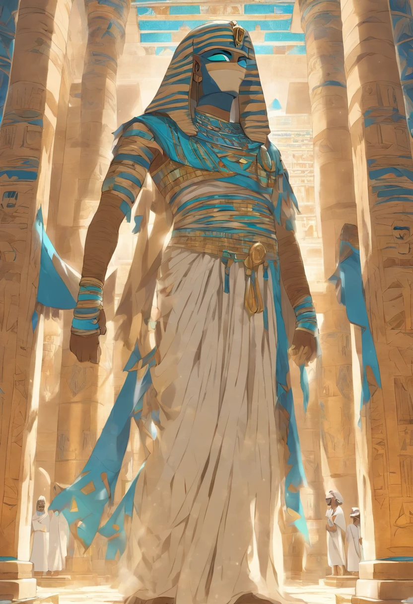 (((Mummy body))) best quality, very high resolution, 4K detailed CG, masterpiece, Egyptian mythology,Ptah,Egyptian tomb, Ancient Egypt, standing pose, mummy, white clothes, Egyptian clothes, Egyptian temple , desert, Ancient Egypt, ((blue adornment, mummy body)), Egyptian palace, aesthetics, beautiful image, centered on screen, standing pose