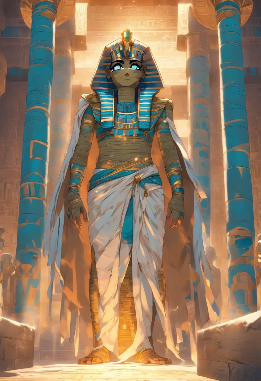 (((Mummy body))) best quality, very high resolution, 4K detailed CG, masterpiece, Egyptian mythology,Ptah,Egyptian tomb, Ancient Egypt, standing pose, mummy, white clothes, Egyptian clothes, Egyptian temple , desert, Ancient Egypt, ((blue adornment, mummy body)), Egyptian palace, aesthetics, beautiful image, centered on screen, standing pose