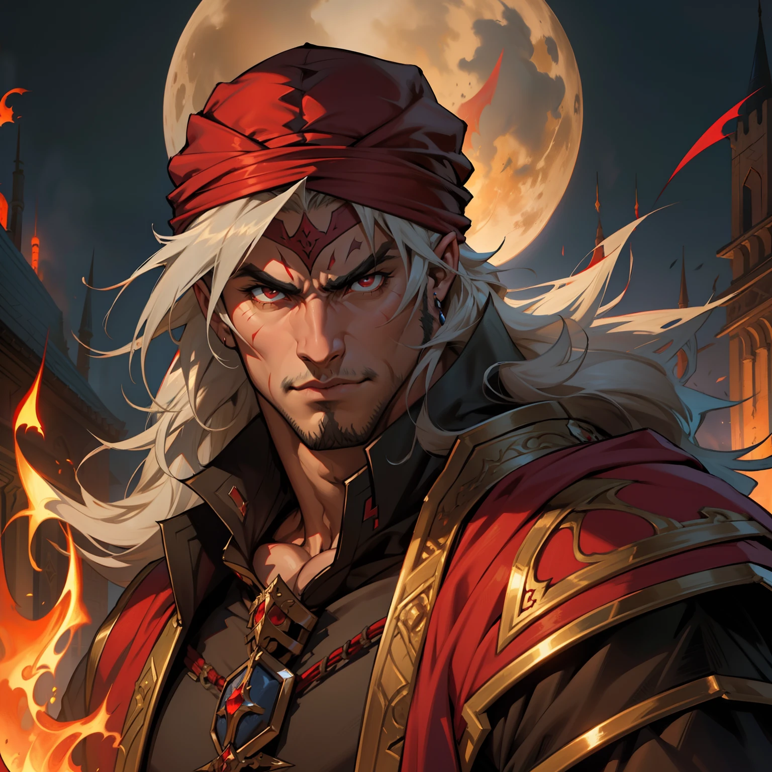 Castlevania Hyper Realistic Shadow Lord Super Detailed Dynamic Shooting Lord Dracula's Centerpiece Medieval Arab Warrior with Red Turban Scary Face Hokuto No Ken Structure Muscular Face Kenshiro Portrait Zoom Super Detailed Face