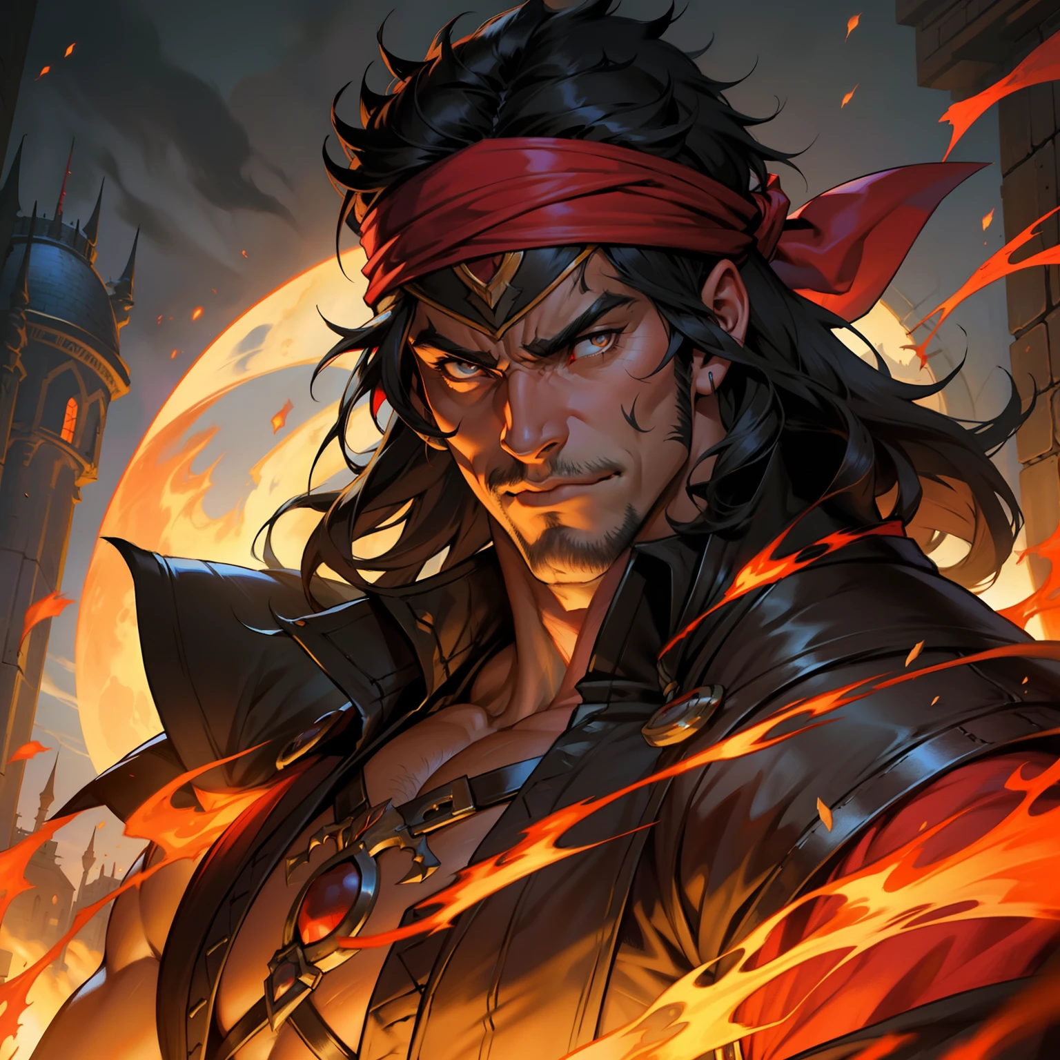 Castlevania Hyper Realistic Shadow Lord Super Detailed Dynamic Shooting Lord Dracula's Centerpiece Medieval Arab Warrior with Red Turban Scary Face Hokuto No Ken Structure Muscular Face Kenshiro Portrait Zoom Super Detailed Face