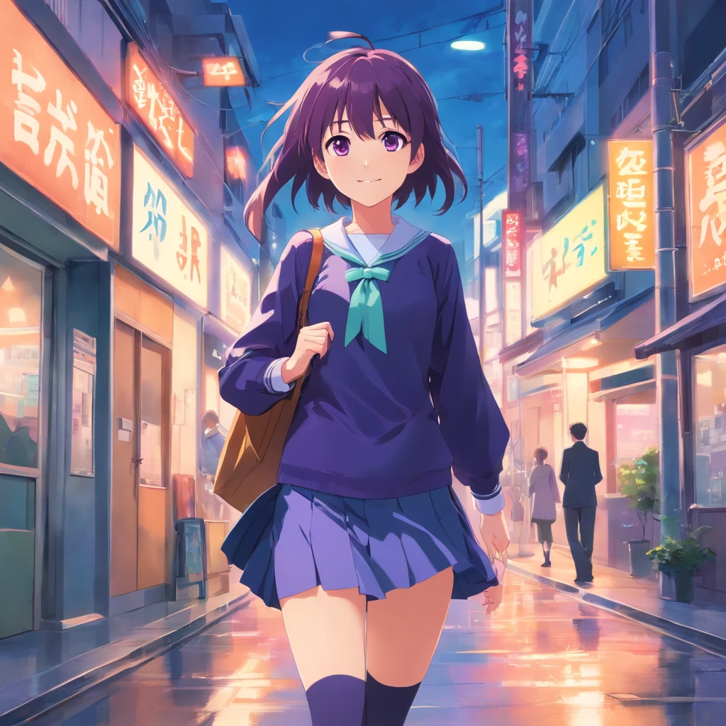 best qualtiy， tmasterpiece， 超高分辨率， realisticlying， 1 girl， Gorgeous Hair in Long Purple，Purple eye， JK school uniform，Long white socks，M-legs，ssmile